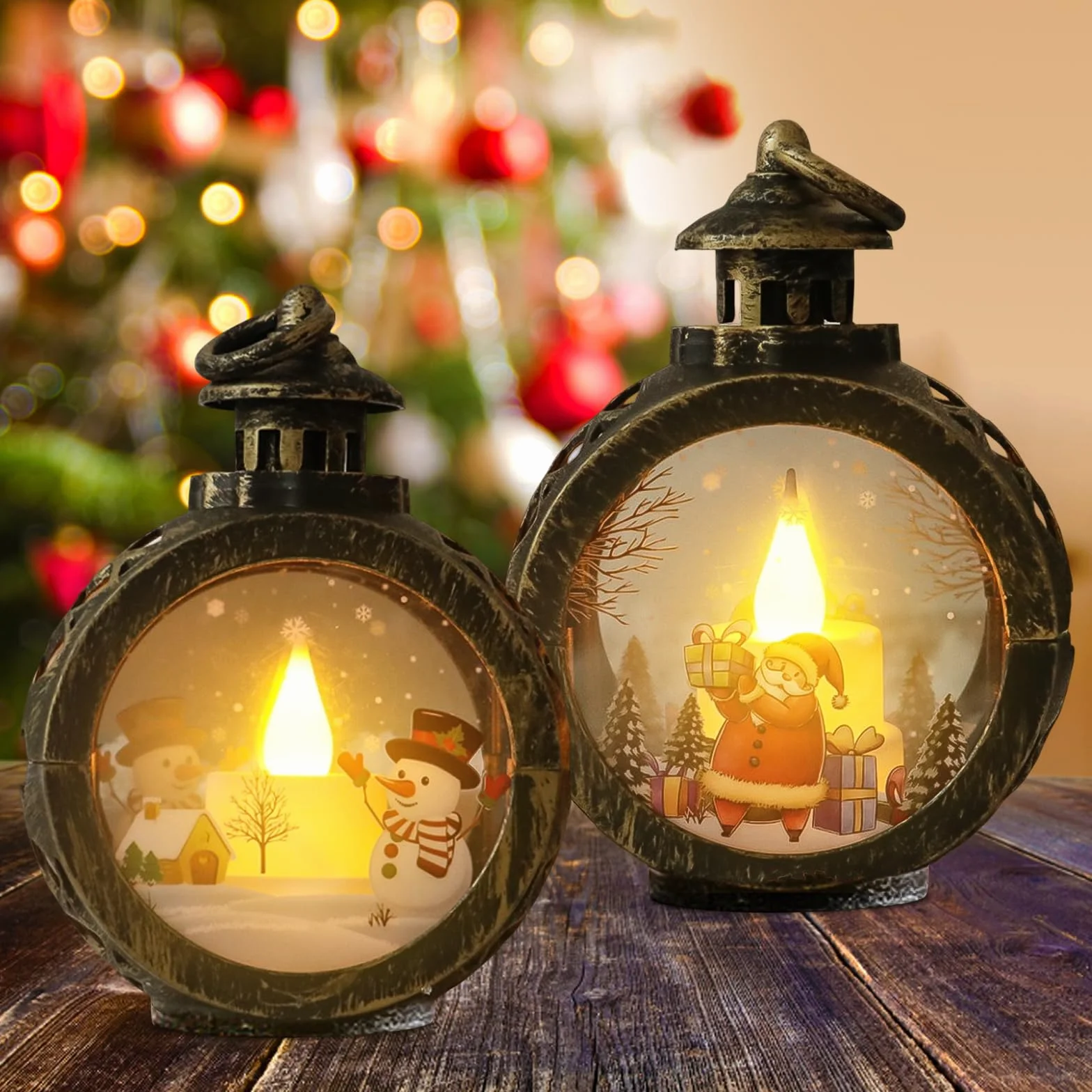Globo de nieve con forma de farol navideño, 2 piezas de decoración navideña, velas de Navidad sin llama, farol navideño vintage para dormitorio, jardín, balcón, chimenea para llevar, colgar o como