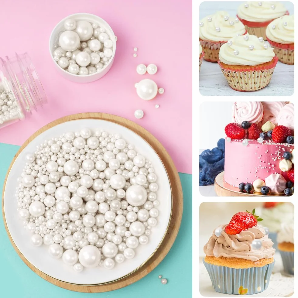 OSDUE Perlas Blancas de Azúcar Comestibles 85g Sprinkles Mezcla de Tamaños para Decorar Pasteles Cupcakes Galletas