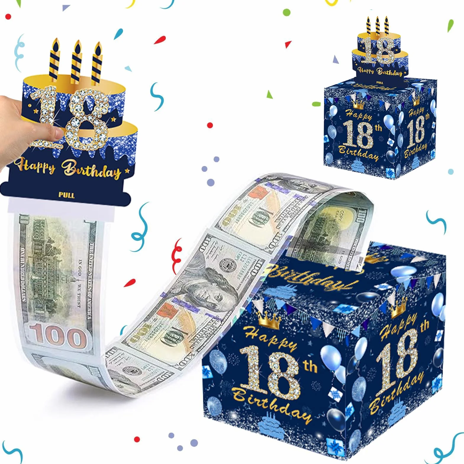 Caja Regalo 18 Años con Sorpresa de Dinero Azul Marino Dorado