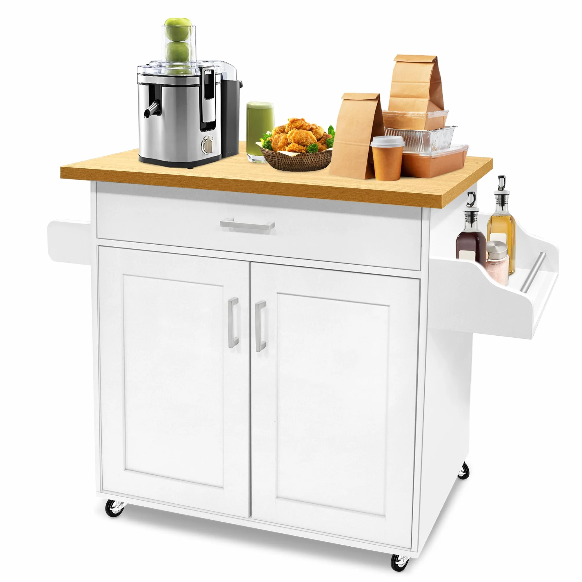 FIVMEN Carrito de cocina blanco con ruedas y encimera, carrito de cocina, isla de cocina de madera, con toallero y tabla de especias, mueble de cocina, 115 x 90 x 36 cm