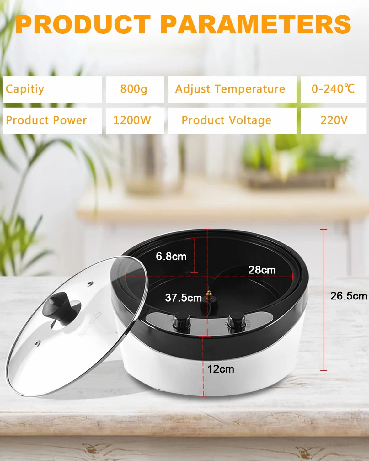 Tostador de Café 800g Máquina Tostar Café Doméstico 0-240°C Eléctrico 1200W