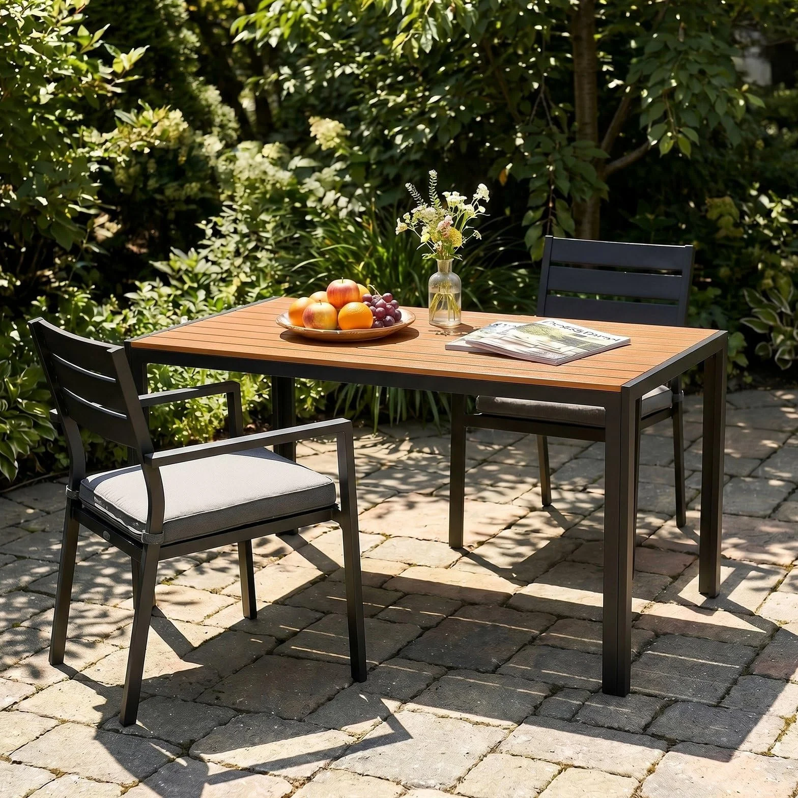LIFERUN Mesa de Jardín Moderna de WPC 110 x 70 cm, Mesa de Comedor Exterior para 4-6 Personas, Mesa de Balcón de Aluminio, Diseño de Rayas Efecto Madera,Marrón Teca