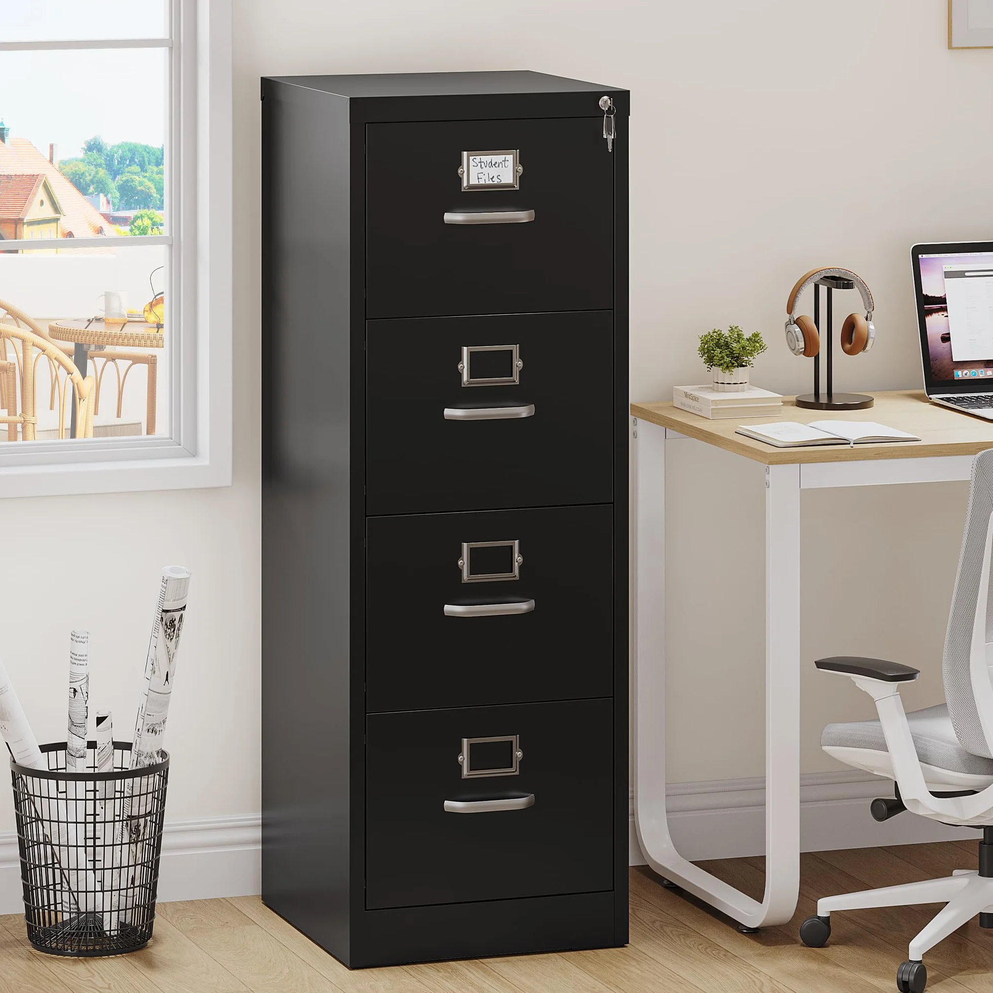 YITAHOME Archivador vertical con 4 cajones, con cerradura para tamaño carta/legal/A4, cajones de almacenamiento antivuelco con ranura para tarjetas de taco para oficina en casa, negro, 45,8 x 45 x 133