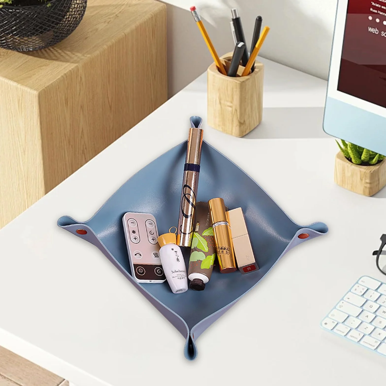 3 compartimentos para llaves, piel sintética, bandeja para joyas, bandejas plegables de piel (20 x 20 cm), para joyas, relojes y teléfonos móviles