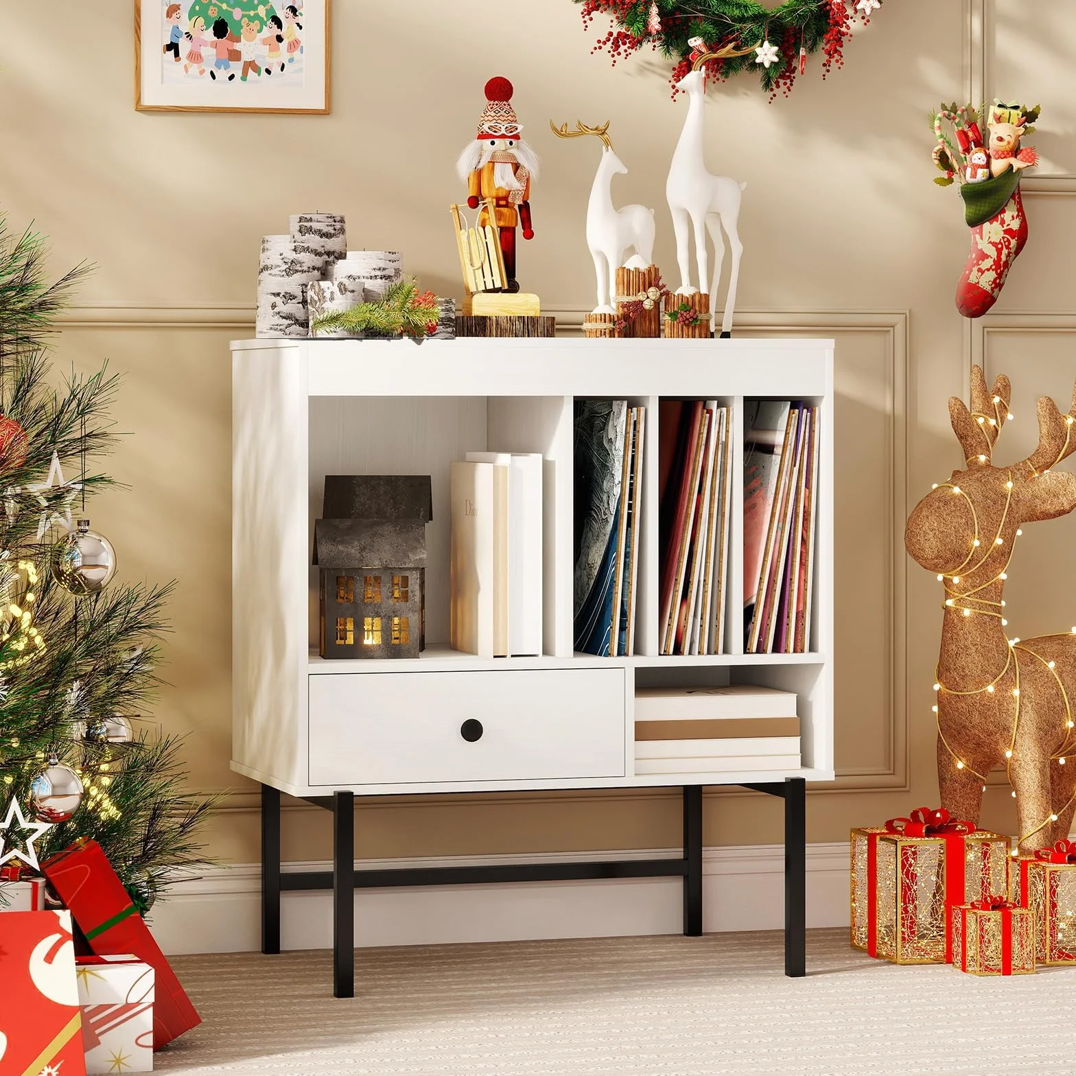 FANTASK Soporte Tocadiscos de Madera con Almacenamiento de Vinilo, Cajón y Soporte para Álbumes, Armario Auxiliar 70 cm