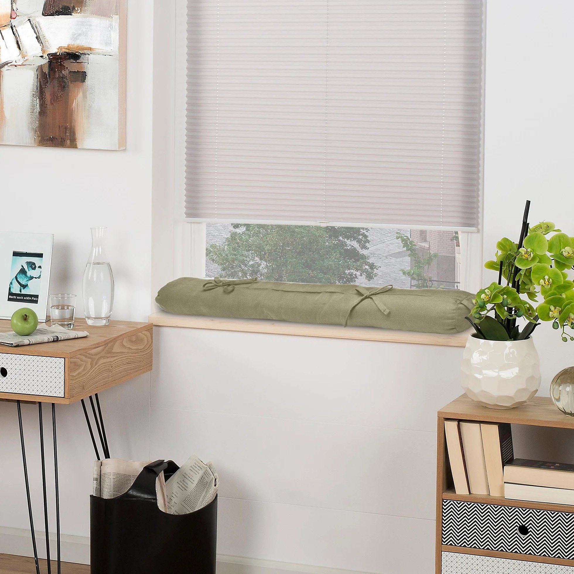 Beautissu Viento Burlete de Puerta 90x10 cm – Tapón de protección contra el Aire Fresco para Puertas, Puertas de Entrada y Ventanas con asa de Transporte – Taupe