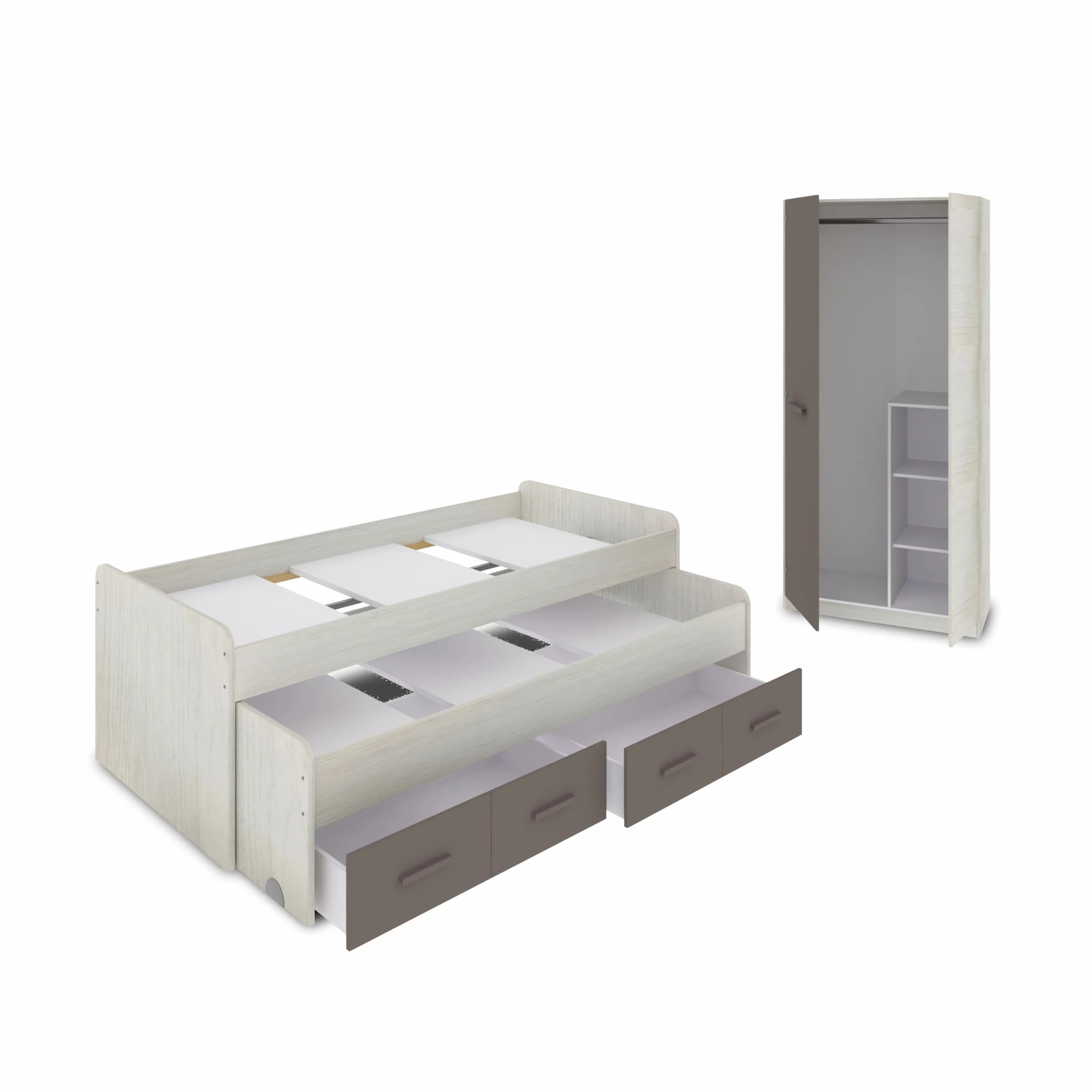 duehome | Pack de Dormitorio Juvenial con Cama Nido Juvenil y Armario, Conjunto de Dormitorio Infantil, Modelo Axim Plus, Acabado en Blanco Alpes y Basalto