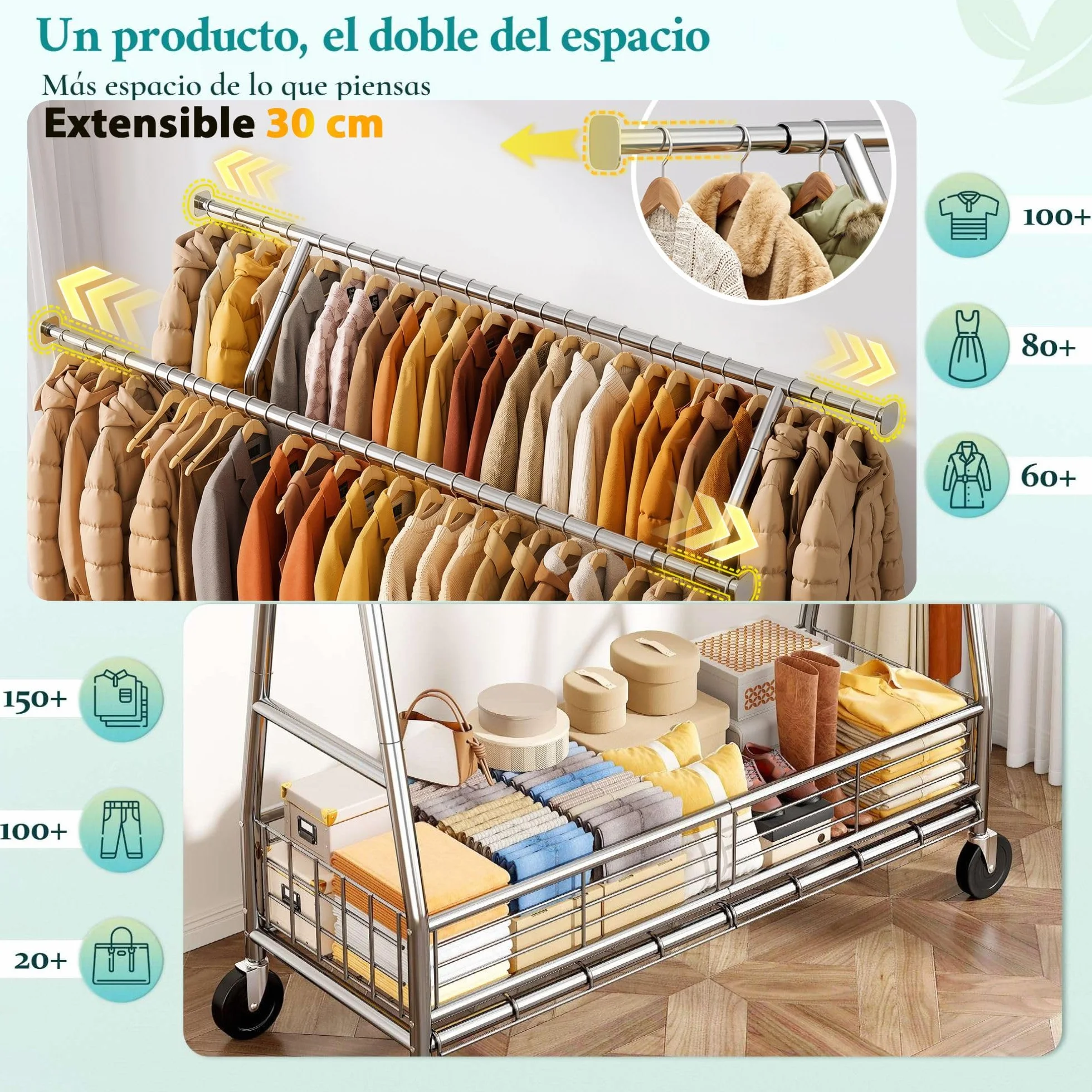 Burro Ropa resistente con Ruedas y Cesta para Ropa Sucia, Perchero Burro Ropa Extensible para Carga Pesada 200 kg, Burro para ropa para Almacenamiento en Entrada, Dormitorio o Vestidor