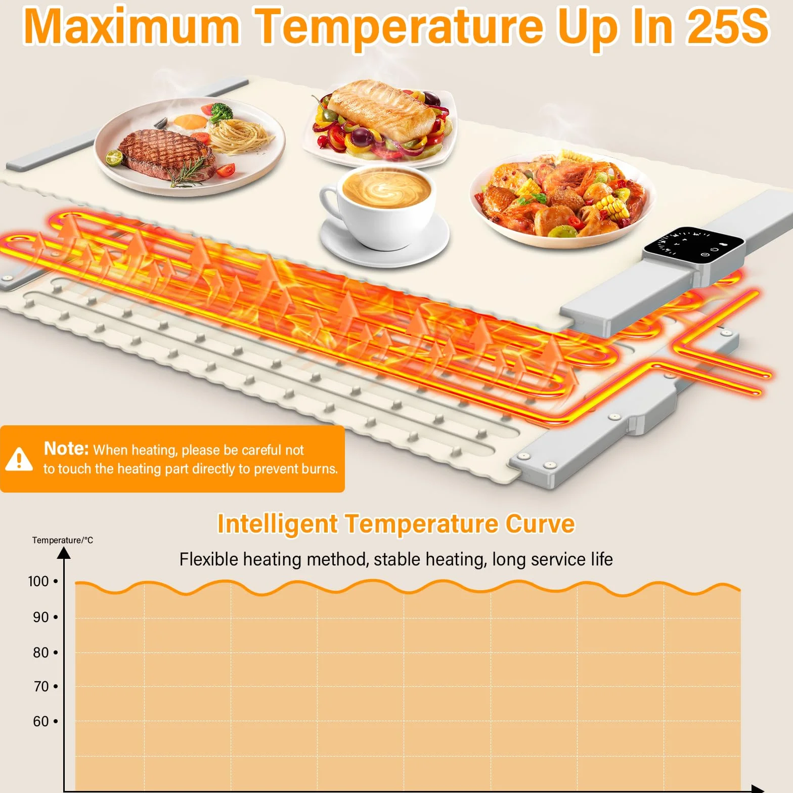 Tabla Calentadora de Alimentos Plegable 60-100℃ Eléctrico Portátil con Temporizador