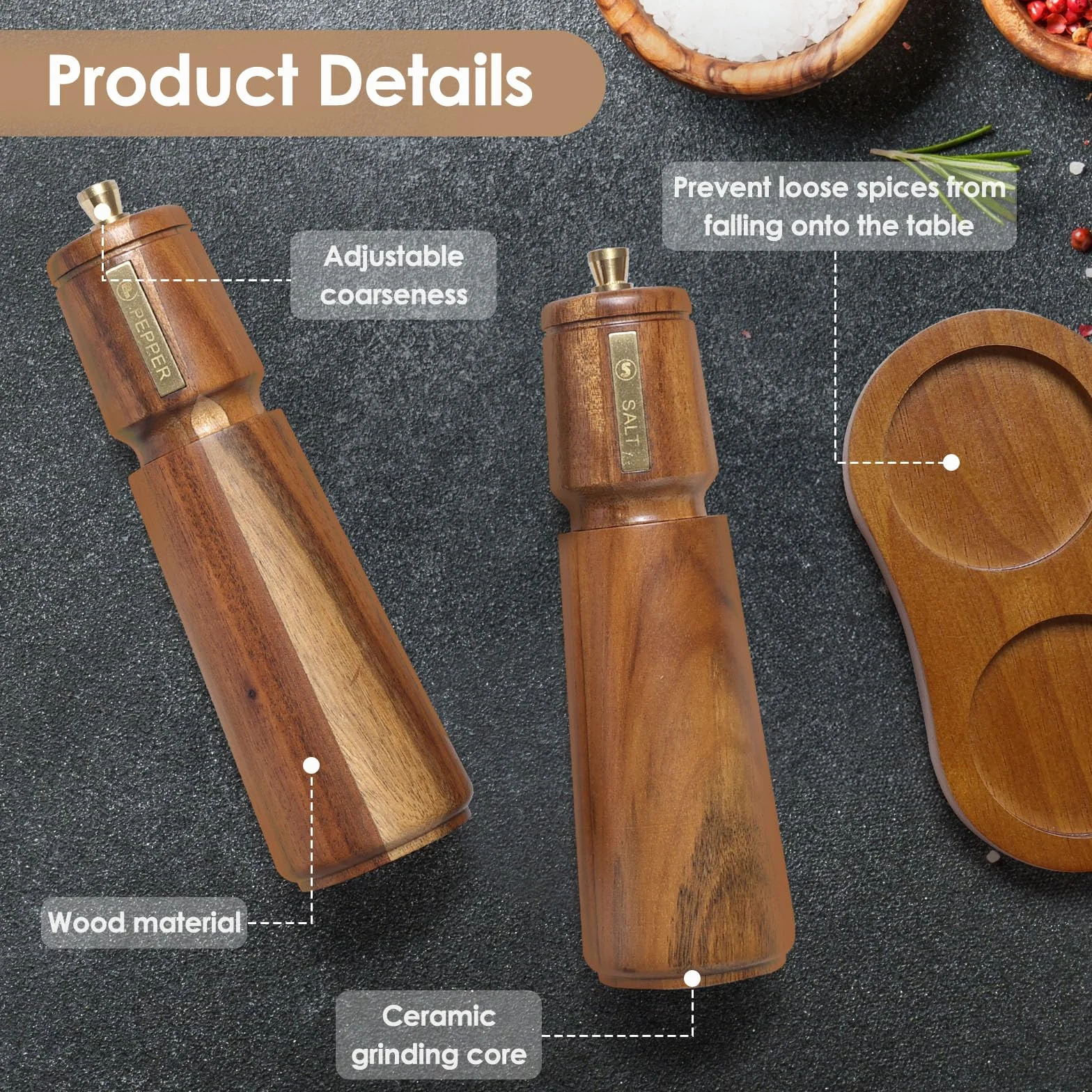 Juego de Molinillo Pimienta Madera con Bandeja, 2 Molinillo Especias Manual, Grueso Ajustable, Rotor de Cerámica para Moler, para Chile, Lila, Pimienta, Sal, 8 Pulgadas, (Marrón+Marrón)