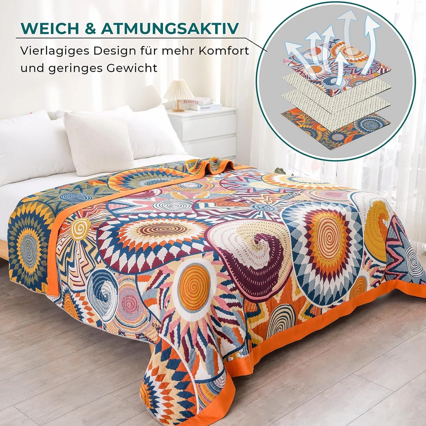 HOORDRY Colcha premium 100% algodón, manta de doble cara, colcha boho 230 x 250 cm, manta para sofá o cama, manta de muselina de algodón para toda la temporada
