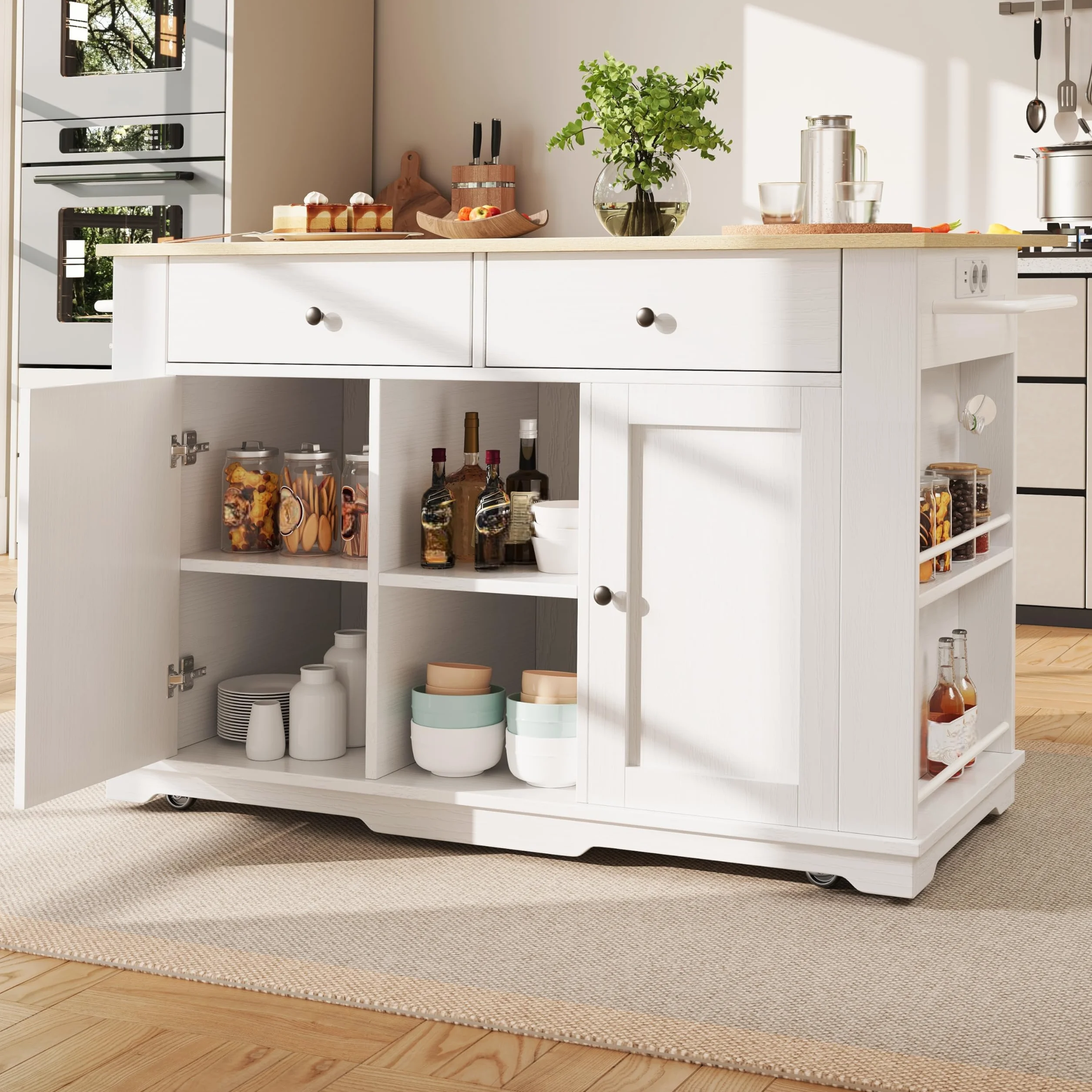 Isla De Cocina, Carro de Cocina con Encimera Extensible, Mueble Auxiliar de Salon con Ruedas y Tomas de Corriente, Mueble Buffet con Cajones y Puertas, 151.5x59.7-84.7x91.7cm (Blanco)