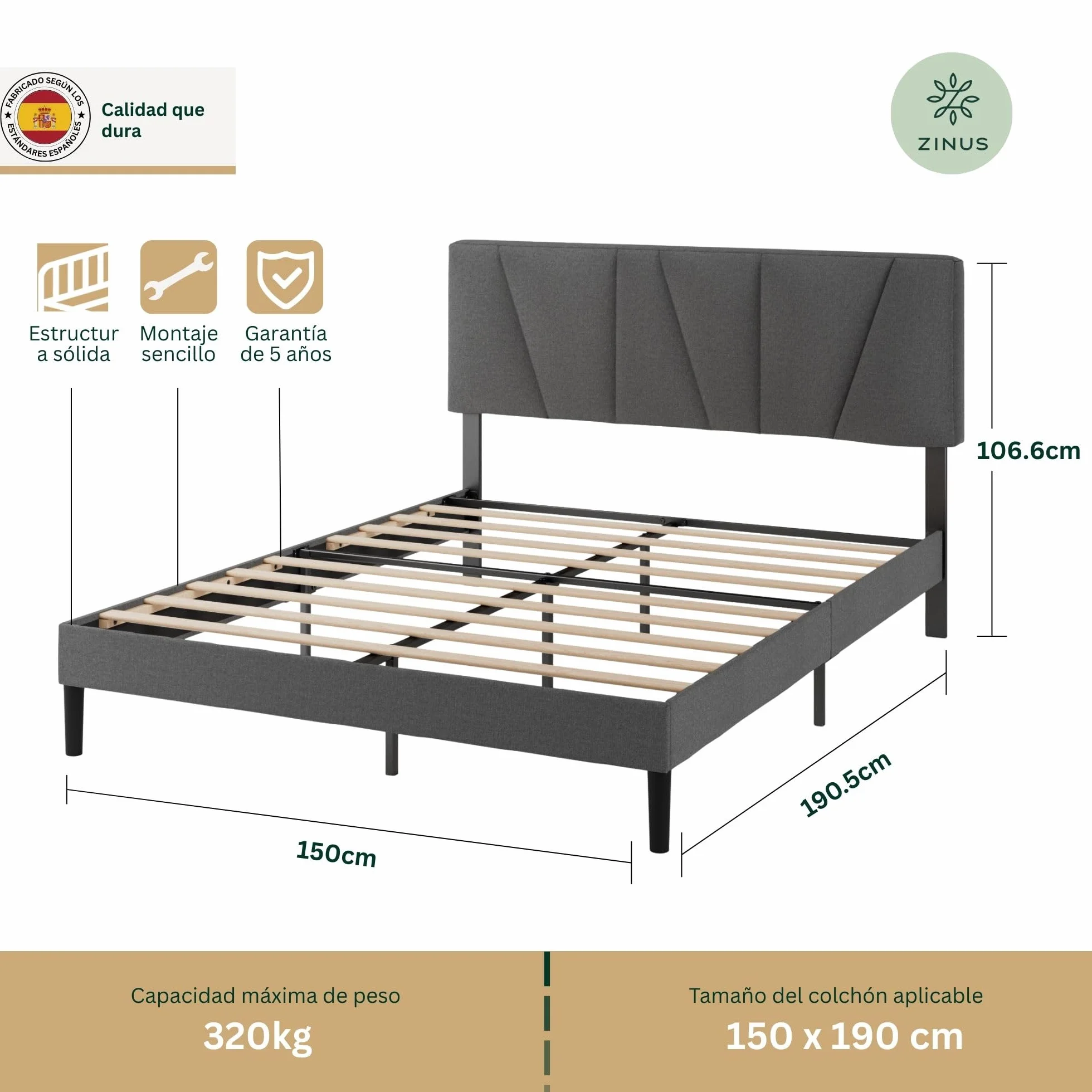 Zinus Maya Estructura Cama 150x190 cm Queen Size Tapizada con Cabecero Láminas de Madera Gris Oscuro