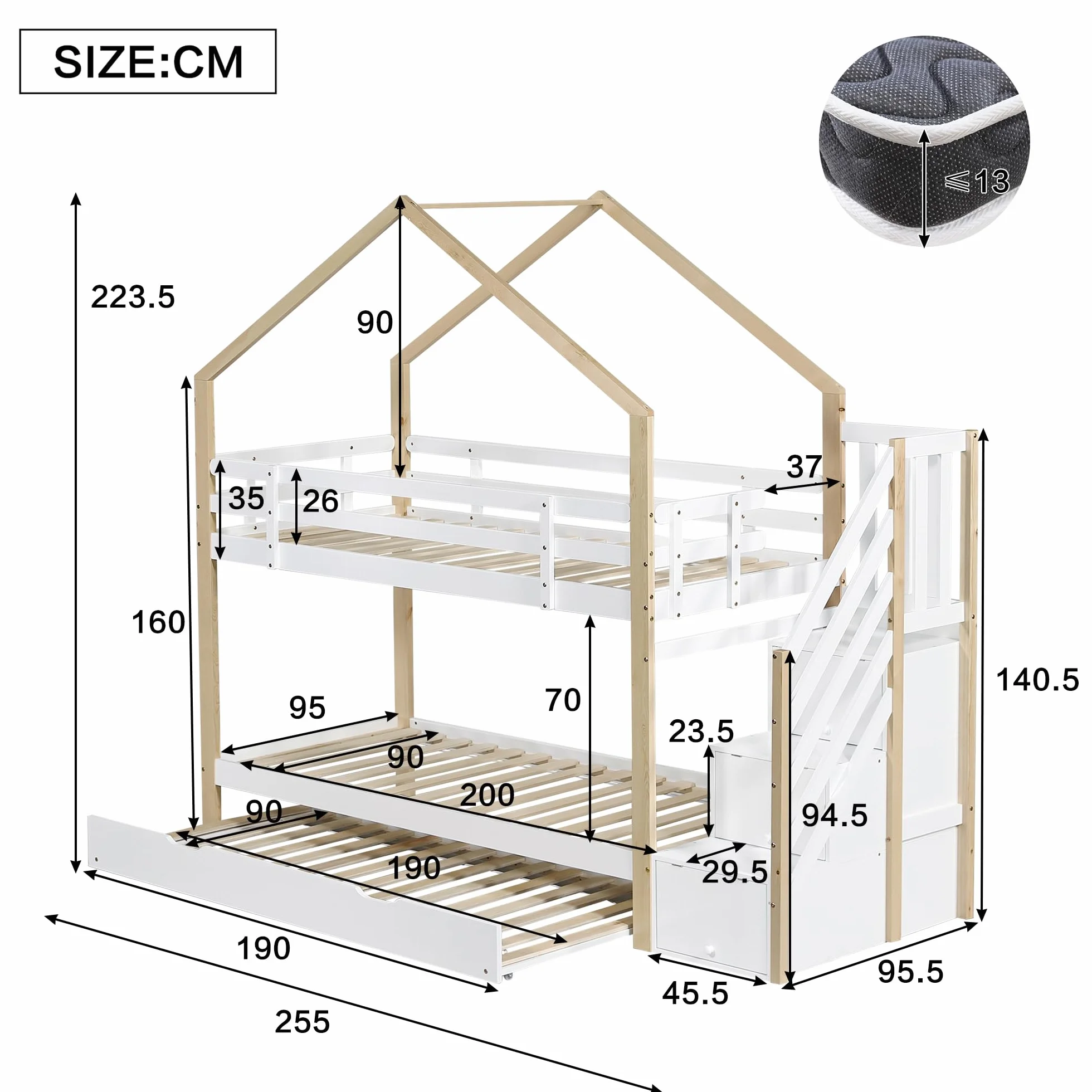 LAKFEW Litera de 90x200 con Cama Nido 90x190 cm, Cama Infantil con Escalera de Almacenaje y Protección Anticaída, Litera Infantil, Camas Infantiles de Madera para 3 Personas, Natur+Blanco, Sin Colchon
