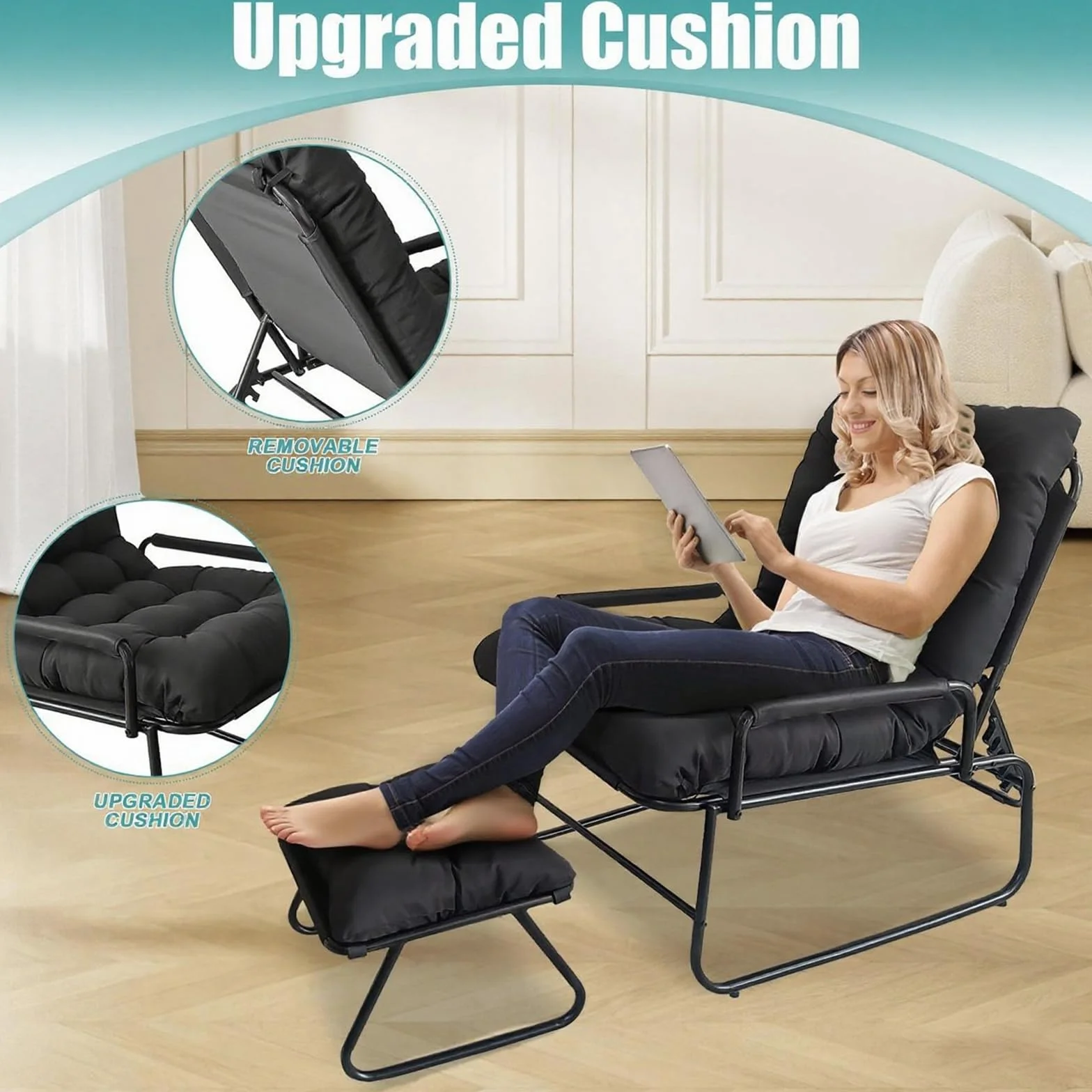 Sillón Reclinable con Reposapiés, Respaldo Ajustable en 4 Niveles, Sillon Relax, Poltrona Sala, Sillon de Lectura, Adecuado para Sala de Estar, Dormitorio, Balcó (Negro)