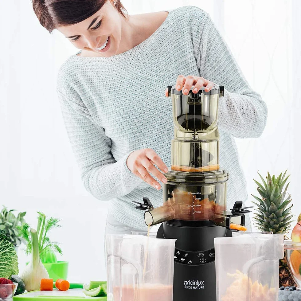 Gridinlux | Licuadora Prensado en Frio | Extractor de Zumos y Jugos con Función Inversa | Exprimidor de Zumos | Licuadora Verduras y Frutas | 8 Programas | Motor Silencioso | Accesorios y Recetario