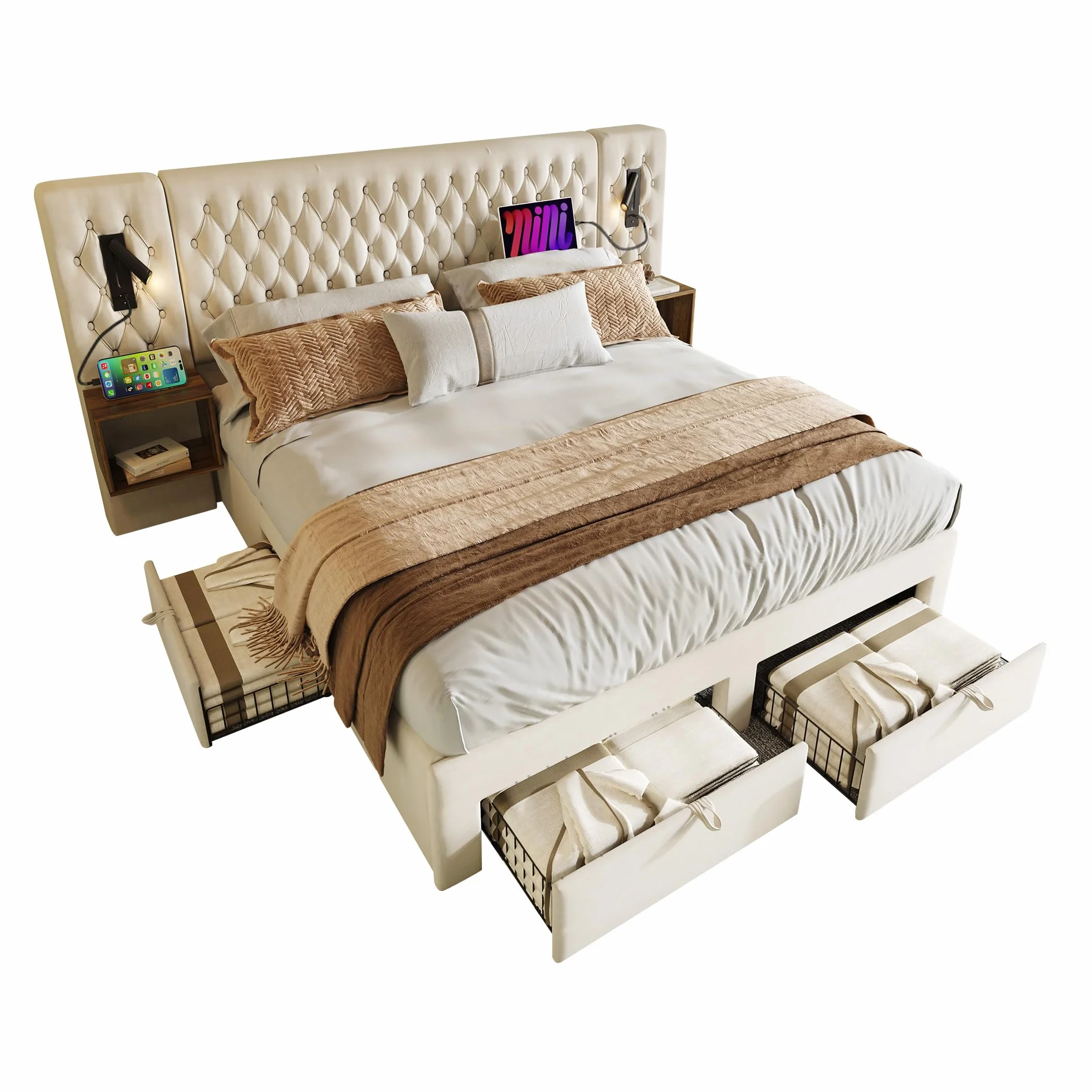 Cama doble tapizada 160x200 cm, 2 mesitas de noche, 4 cajones, cabecero de lectura USB, 243x211x106 cm, color gris