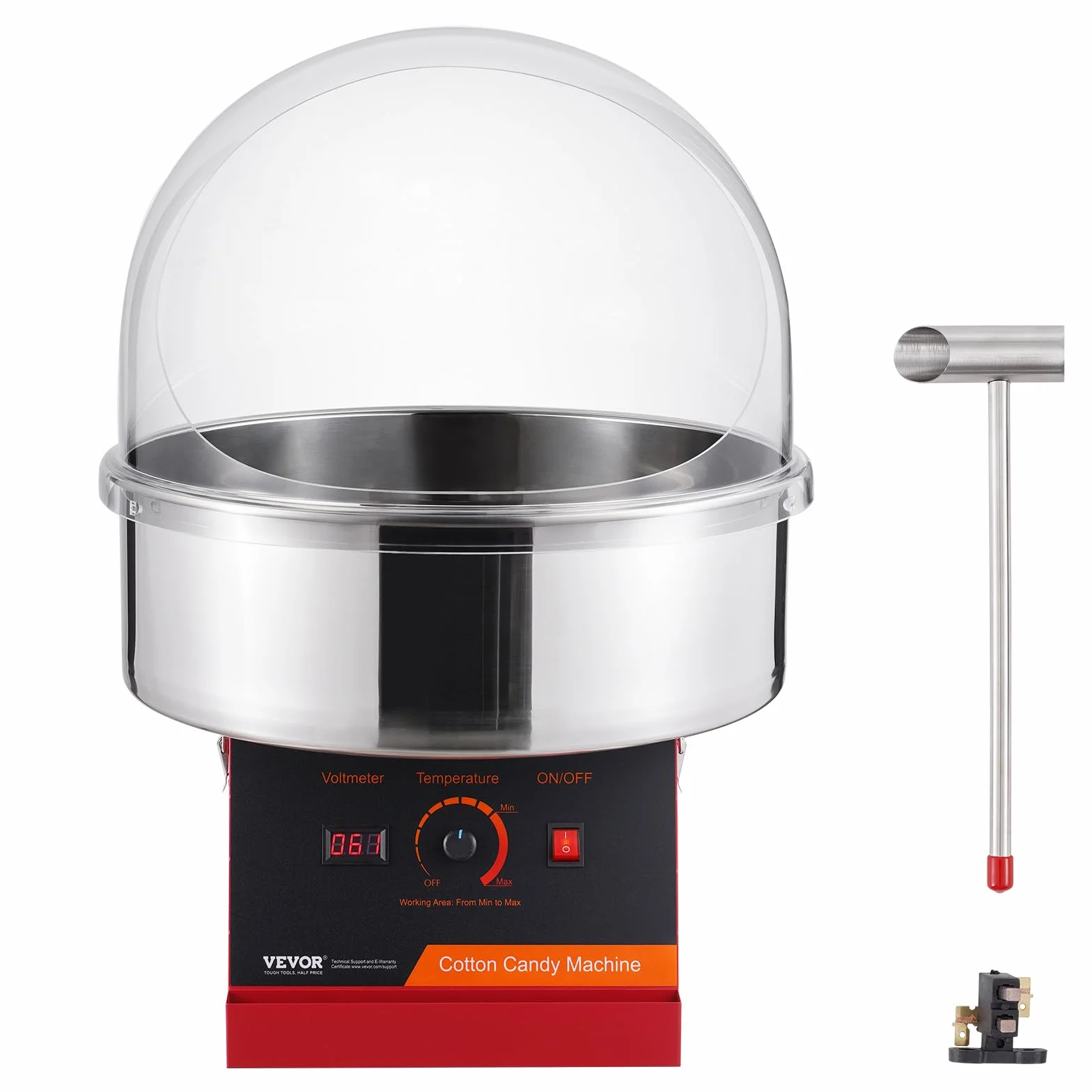 VEVOR Máquina Eléctrica de Algodón de Azúcar 1000 W, Comercial con Tapa, Tazón de Acero Inoxidable, Rojo