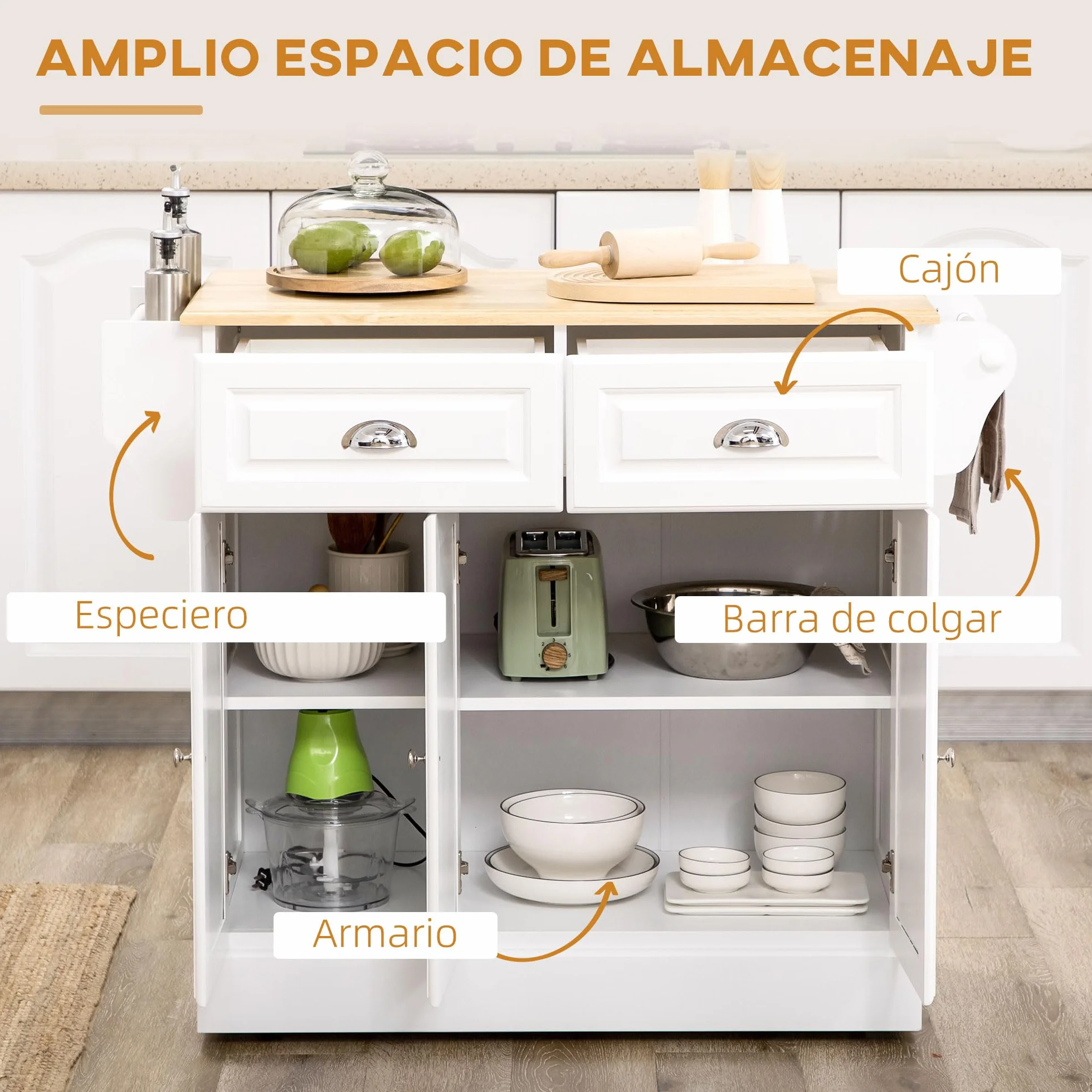 HOMCOM Isla de Cocina Carro de Cocina con Ruedas Carro Multiusos con 2 Cajones 3 Puertas Toallero y Estante para Especias para Comedor 110x45x91 cm Blanco