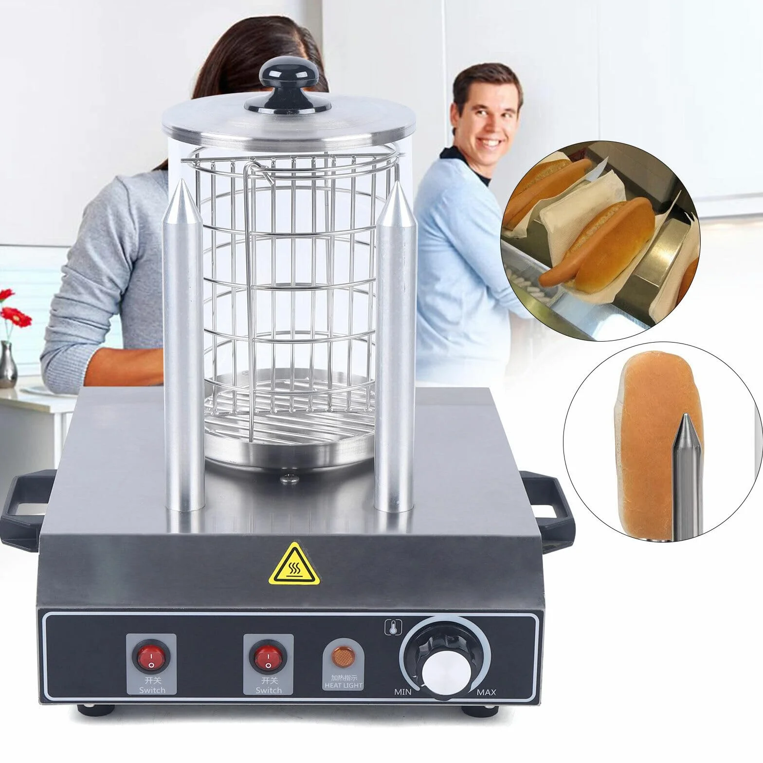 Profesional eléctrico calentador de salchichas con 2 pinchos, para restaurante