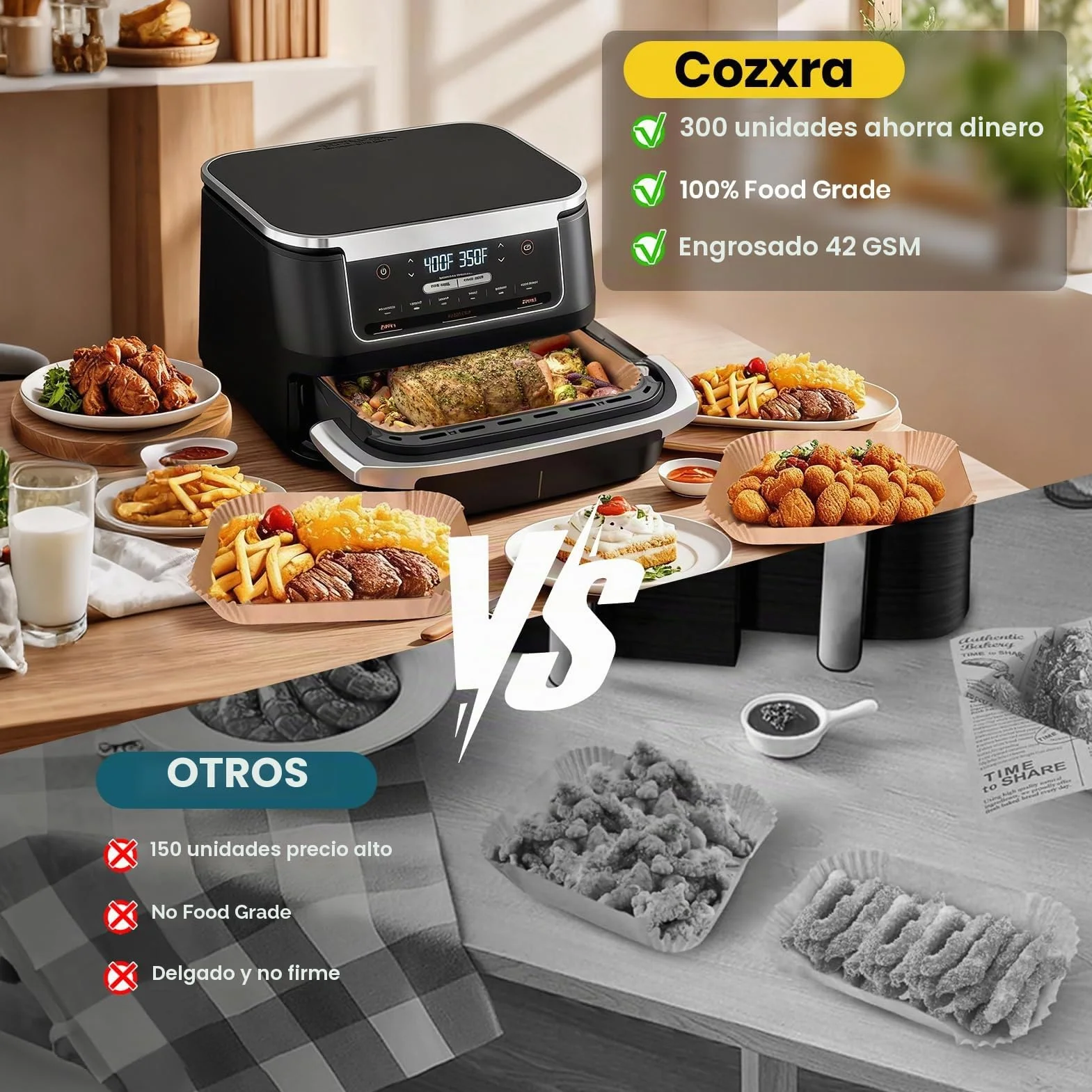 300 Piezas Papel Freidora Aire para Ninja Foodi Flexdrawer 10,4L,Papel Para Freidora de Aire Dual Zone,Accesorios para Airfryer Ninja AF500EU AF500EUCP,Cosori Dual Blaze TwinFry 10L,Cecotec 9L 10L 11L