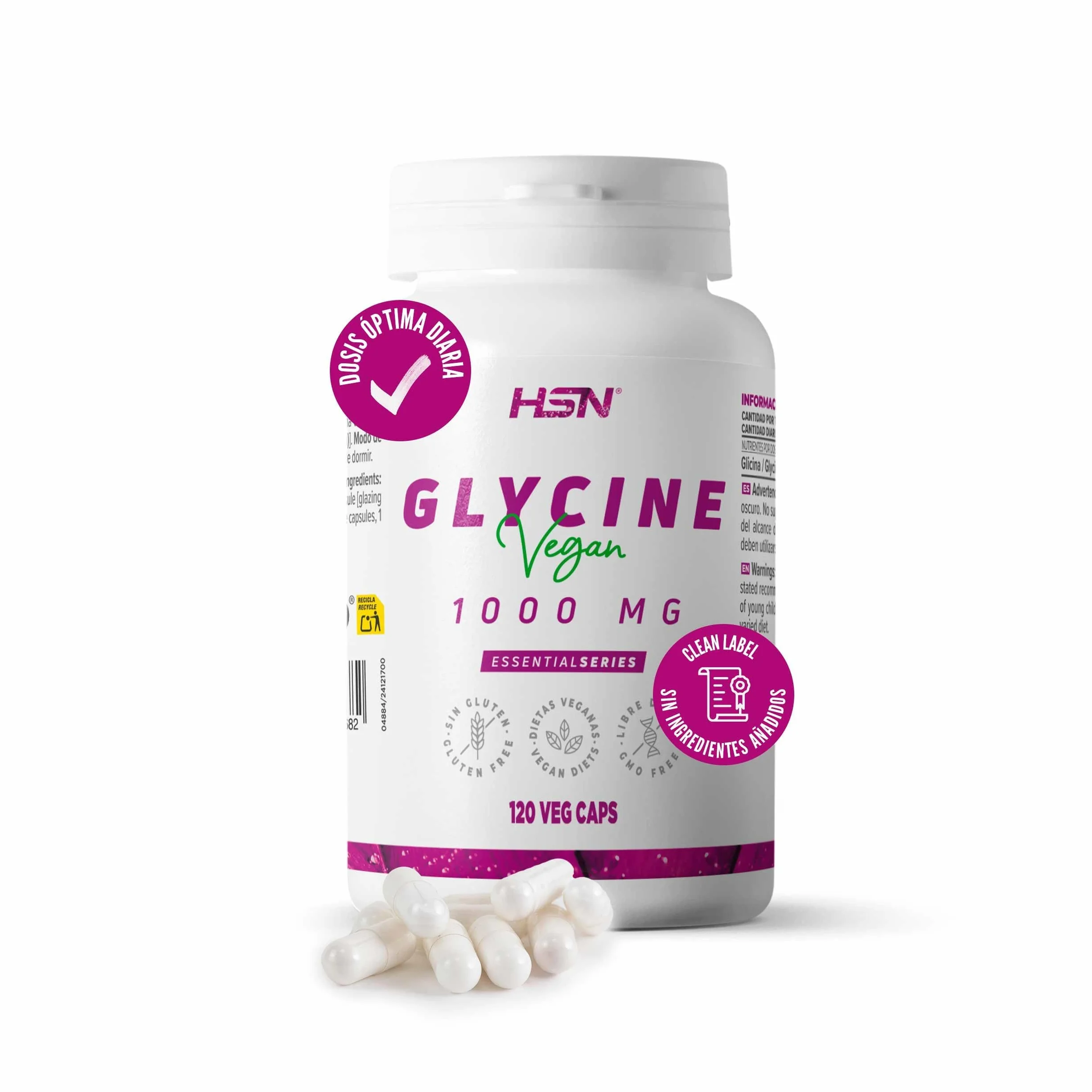HSN Glicina 120 Cápsulas Vegetales 3000mg L-Glicina por Dosis Diaria Alta Concentración No-GMO Vegano Sin Gluten