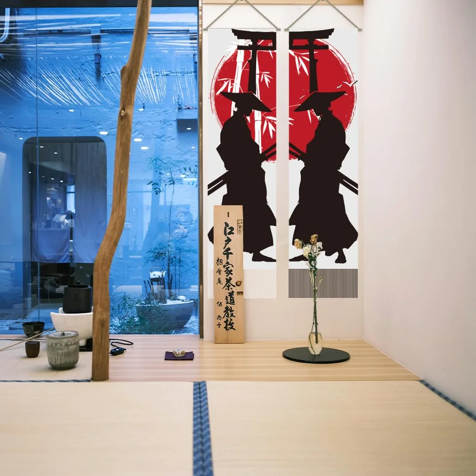 AHANDMAKER Tapiz samurai japonés, 2 piezas, blanco y negro, sol rojo genial, decoración colgante de pared, tapiz vertical largo para dormitorio, sala de estar, decoración bohemia mística de habitación