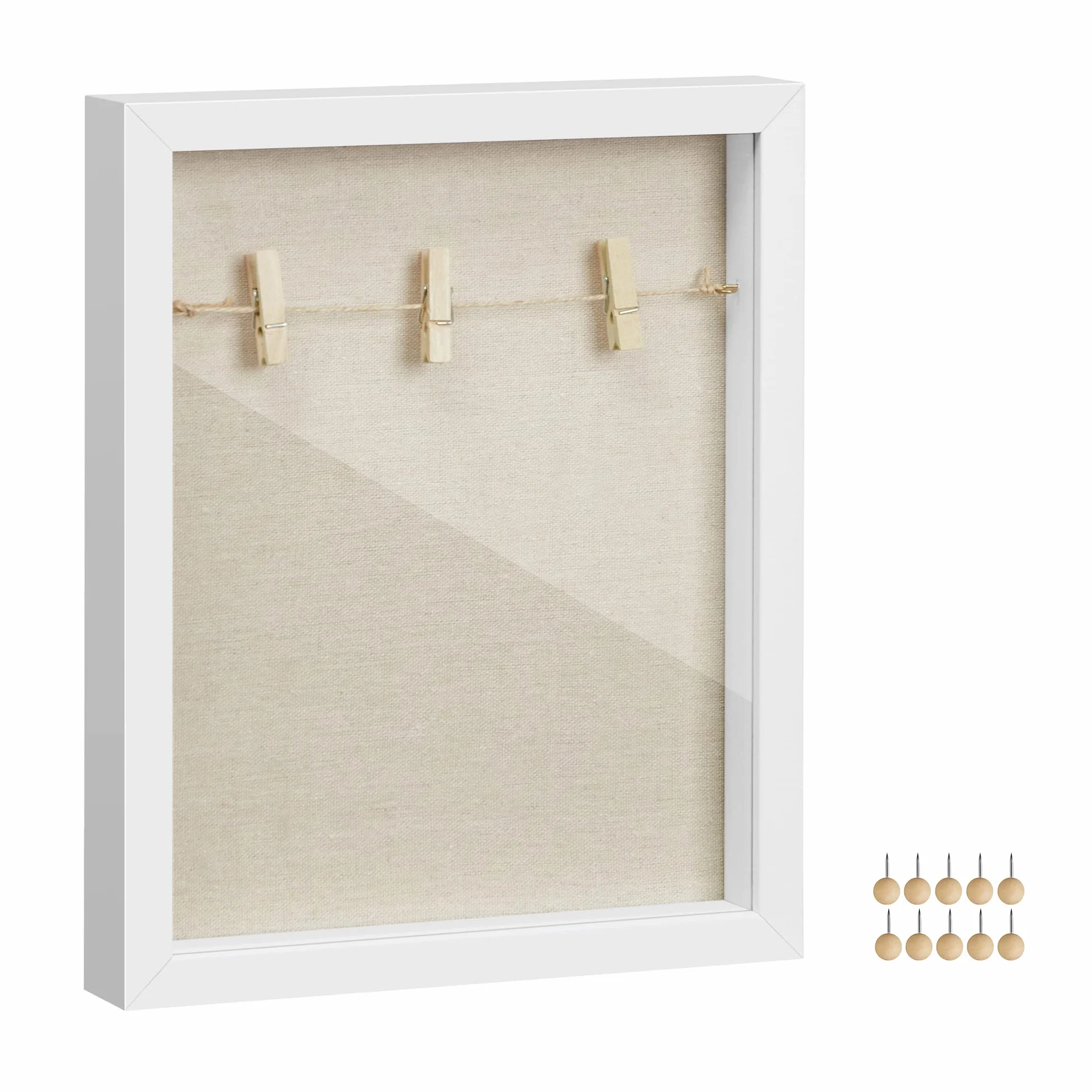 SONGMICS Marco de Fotos 3D con Pinzas, Alfileres, Reverso de Lino, Vidrio, MDF, Blanco RPF007W01