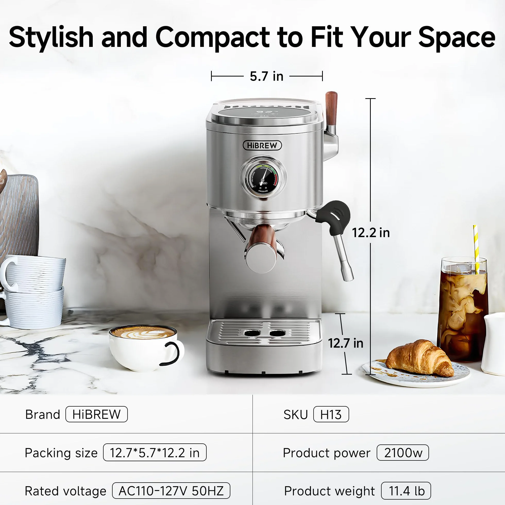 HIBREW H13 – Cafetera espresso con pantalla LED – 58 mm portafiltro de acero inoxidable – Cafetera espresso compacta con Steam Milk Forther y pulverización separada de agua caliente