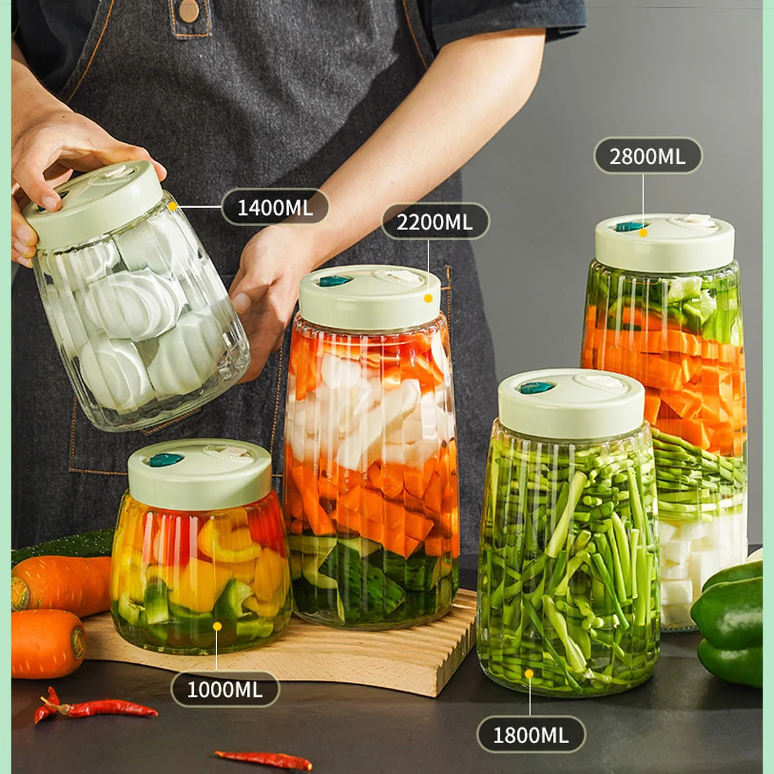 USHOP 2 Tarros de Fermentación de Vidrio 1.4l con Doble Válvula,Tarro de Fermentación,Fermentacion Frascos de Vidrio con Tapa,Frascos Herméticos para Kimchi, Chucrut, Conservas y Almacenamiento
