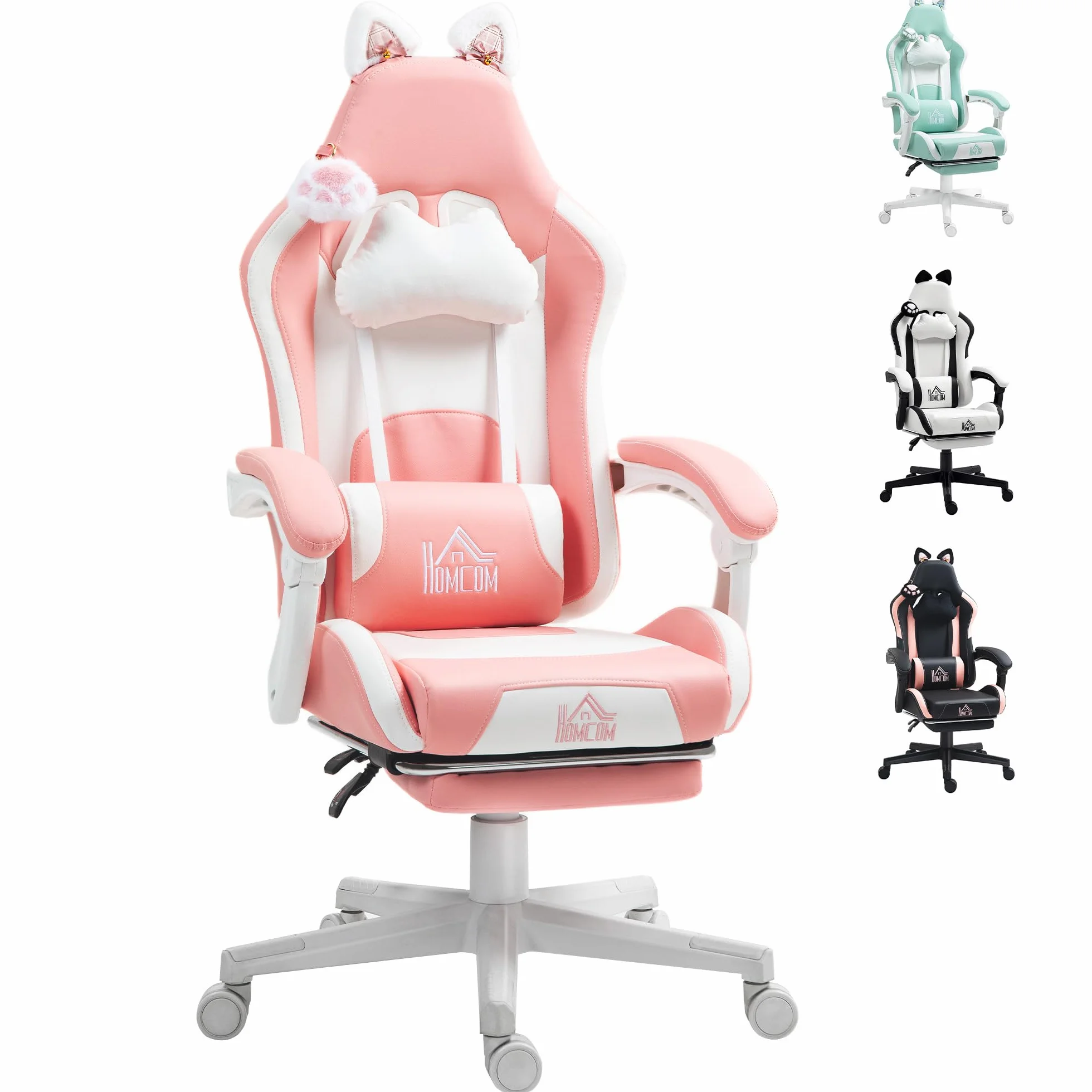 HOMCOM Silla Gaming con Orejas Silla Gamer Reclinable 135° con Altura Ajustable Reposapiés Retráctil Soporte Lumbar Giratorio 360° y Reposacabezas Desmontable Silla para Oficina Estudio Rosa