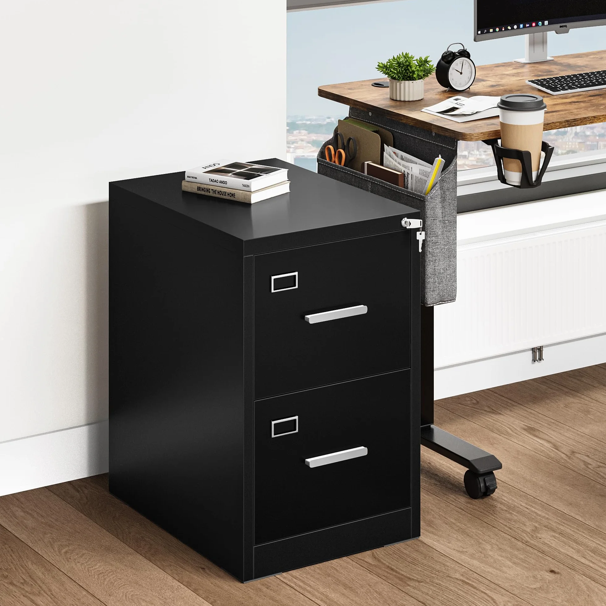 YITAHOME Archivador con cerradura con 2 cajones, archivadores de metal con tarjeta cue para A4, legal, carta, armario de oficina, armario de metal para oficina en casa, archivador colgante, negro, 62