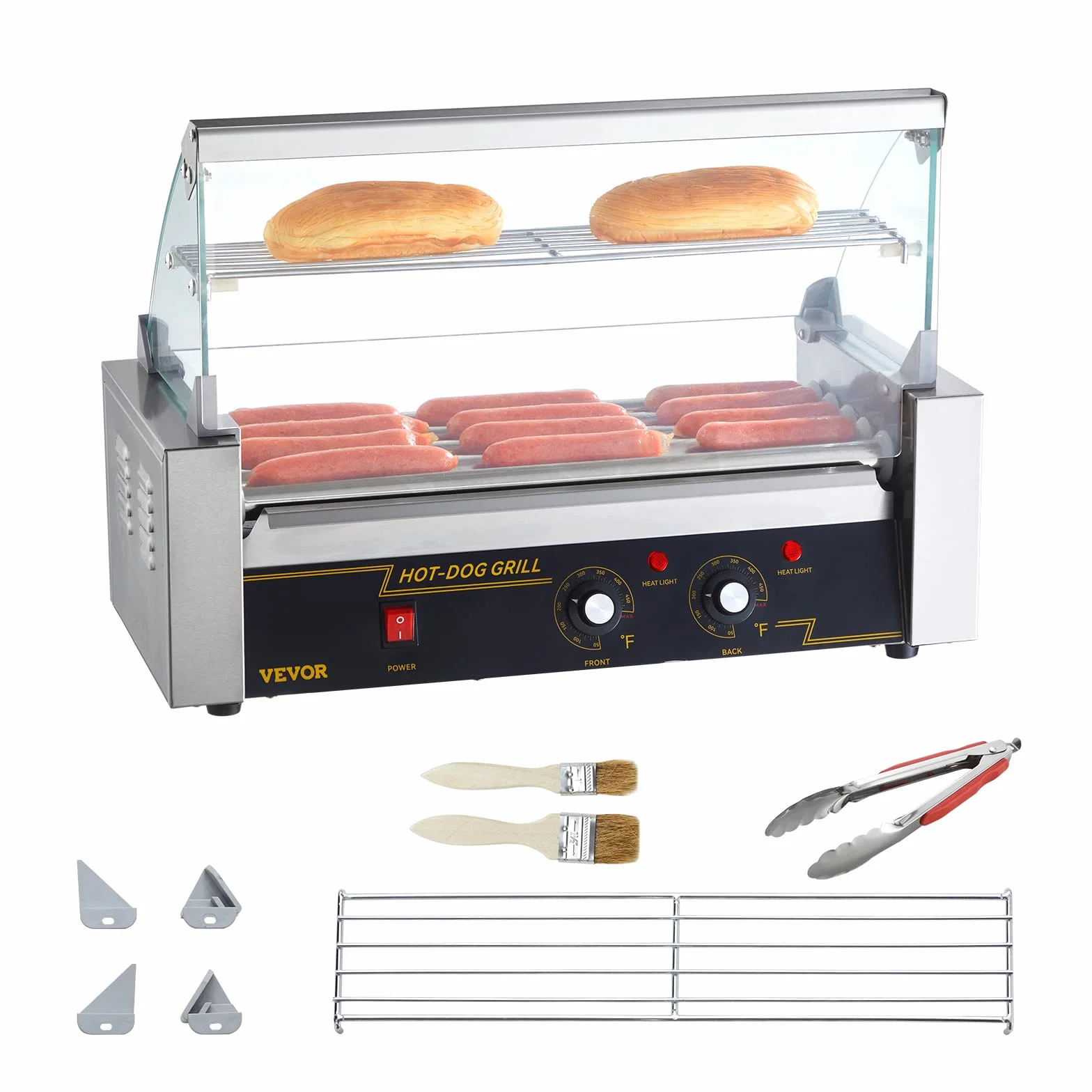 VEVOR Máquina de Rodillos para Perros Calientes de 56 x 25 x 41 cm con una Parrilla de Acero Inoxidable de Calidad Comercial, 50 °C-250 °C, 1000 W ±15%, para Puestos de Comida, Fiestas y Barbacoas