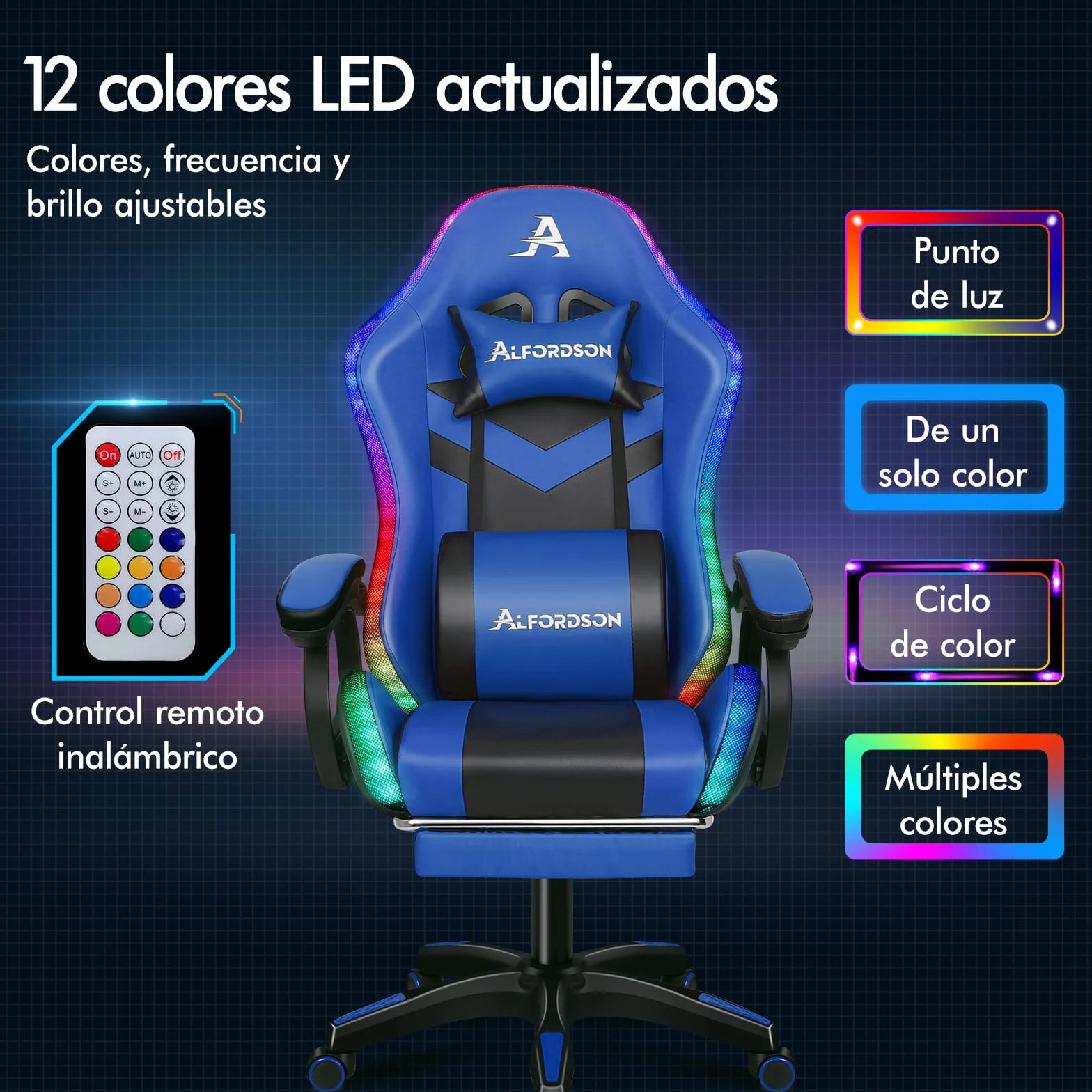 ALFORDSON Silla Gaming Ergonómica con Masaje LED y Reposapiés Telescópico, Cuero PU Azul