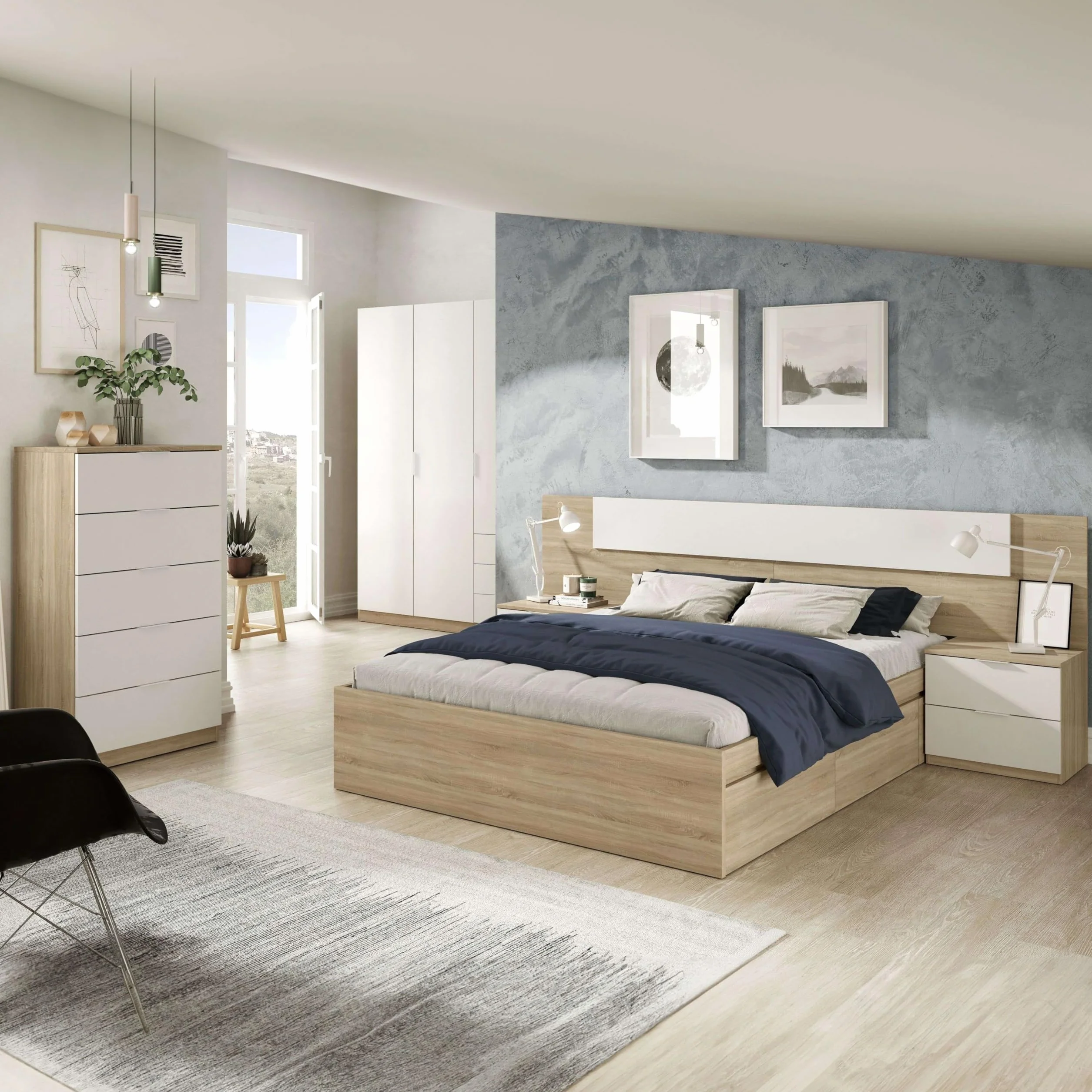 Pack Habitación Matrimonio Alba II 150x190 (Cama+ Cabezal + 2 Mesitas + Armario + sinfonier) Incluye Somier