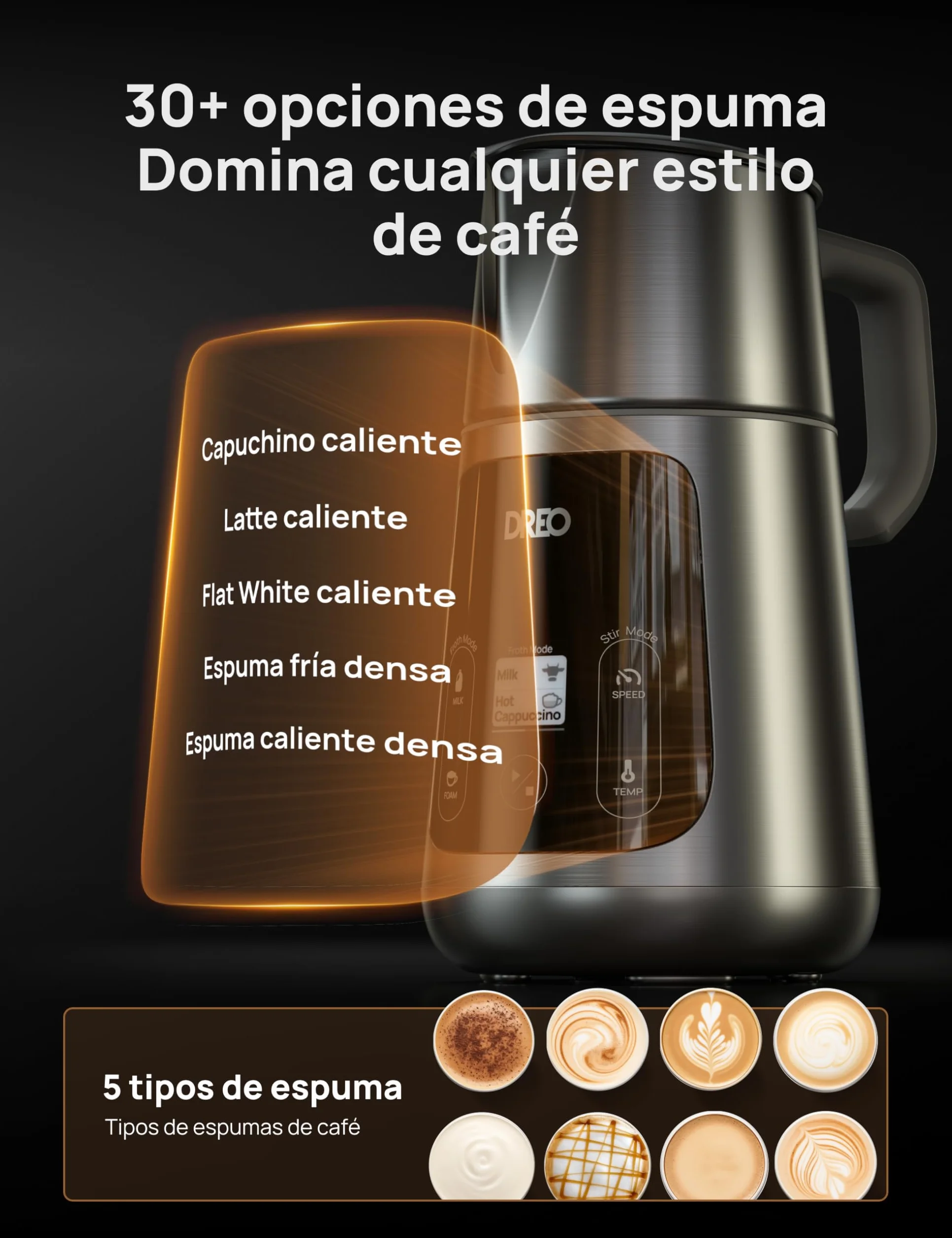 DREO Espumador de Leche Eléctrico 450ml [Actualizado], para Capuchino, Latte Macchiato, Frappé y Chocolate Caliente, Más de 30 Bebidas, Apto para Lavavajillas, Fácil de Limpiar, Pantalla LED