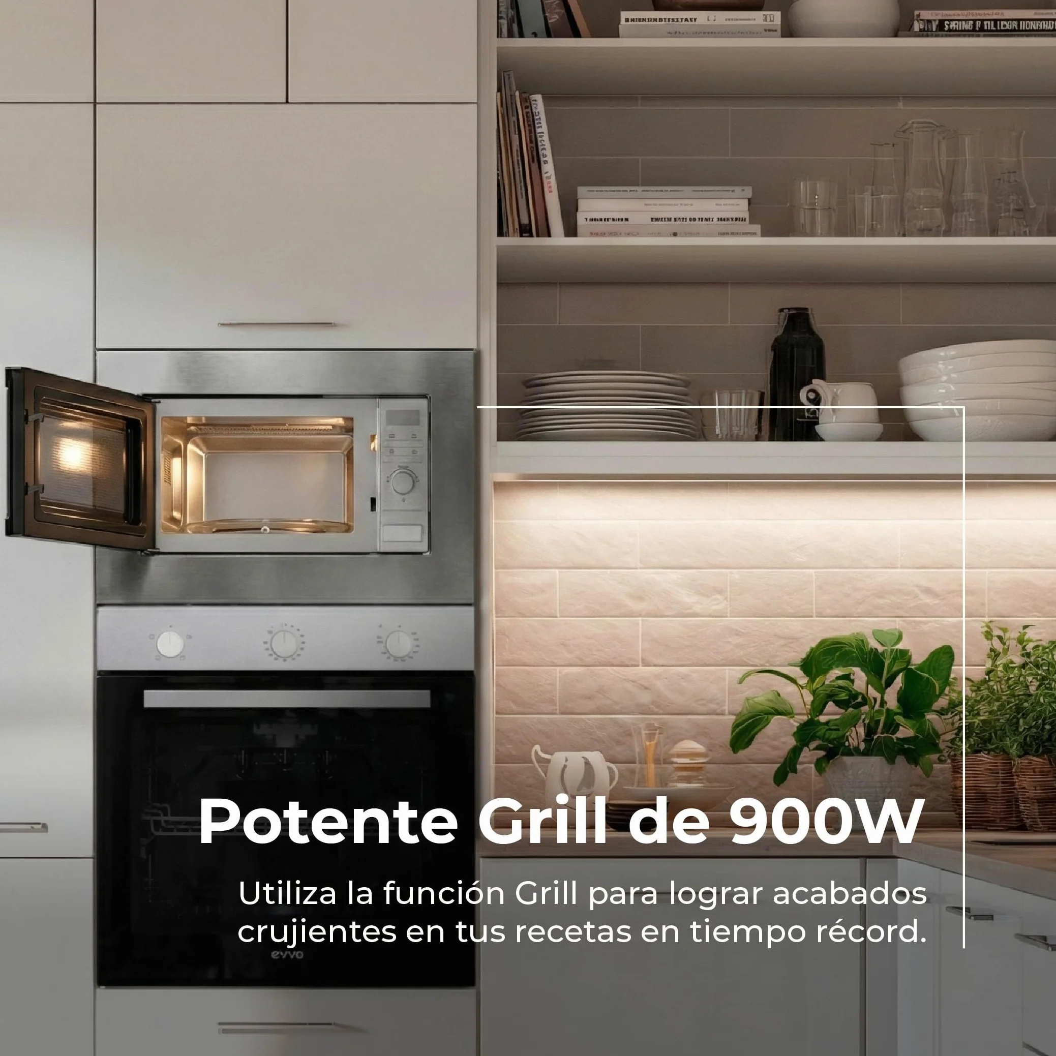 EVVO Microondas Integrable Mi30 Inox - 21 Litros, Horno Microondas Función Grill, Display Digital, Bloqueo Infantil y Temporizador de 60 Minutos, Negro