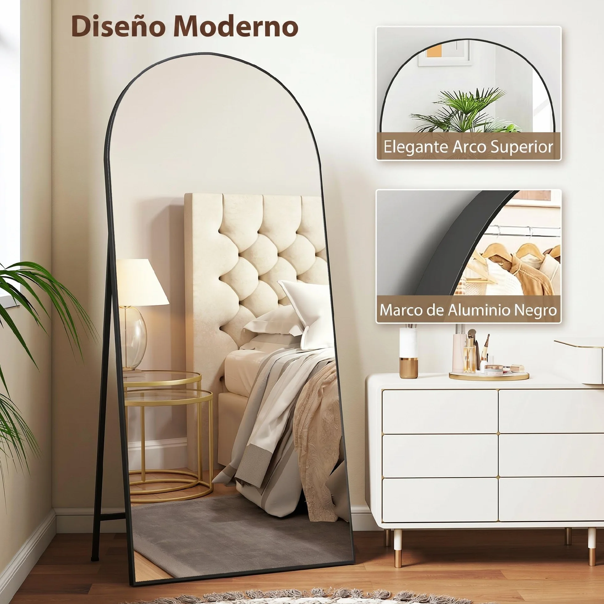 HOMCOM Espejo de Cuerpo Entero, 180x80 cm, Espejo de Pie Arqueado, Marco de Aluminio Negro, Independiente, Apoyado y de Pared, para Dormitorio, Salón