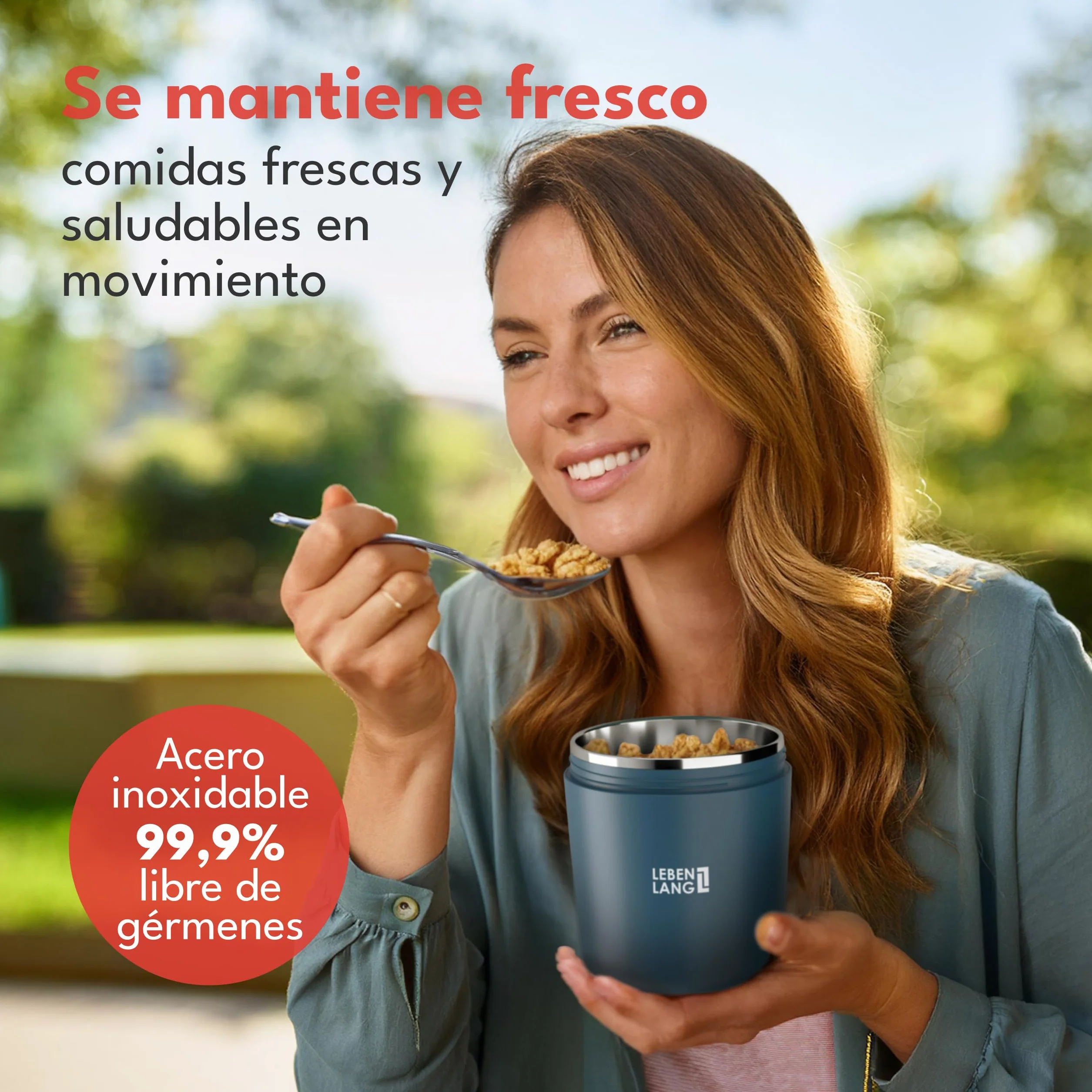 LEBENLANG Vaso Yogures & cereales para llevar con cuchara - 650ml & Pared Interior Aislante Inox I Overnight Oats Jar Tarro Cereales Tarros Yogurt Con Tapa Porta Yogur Vaso Smoothie Cereal Cup