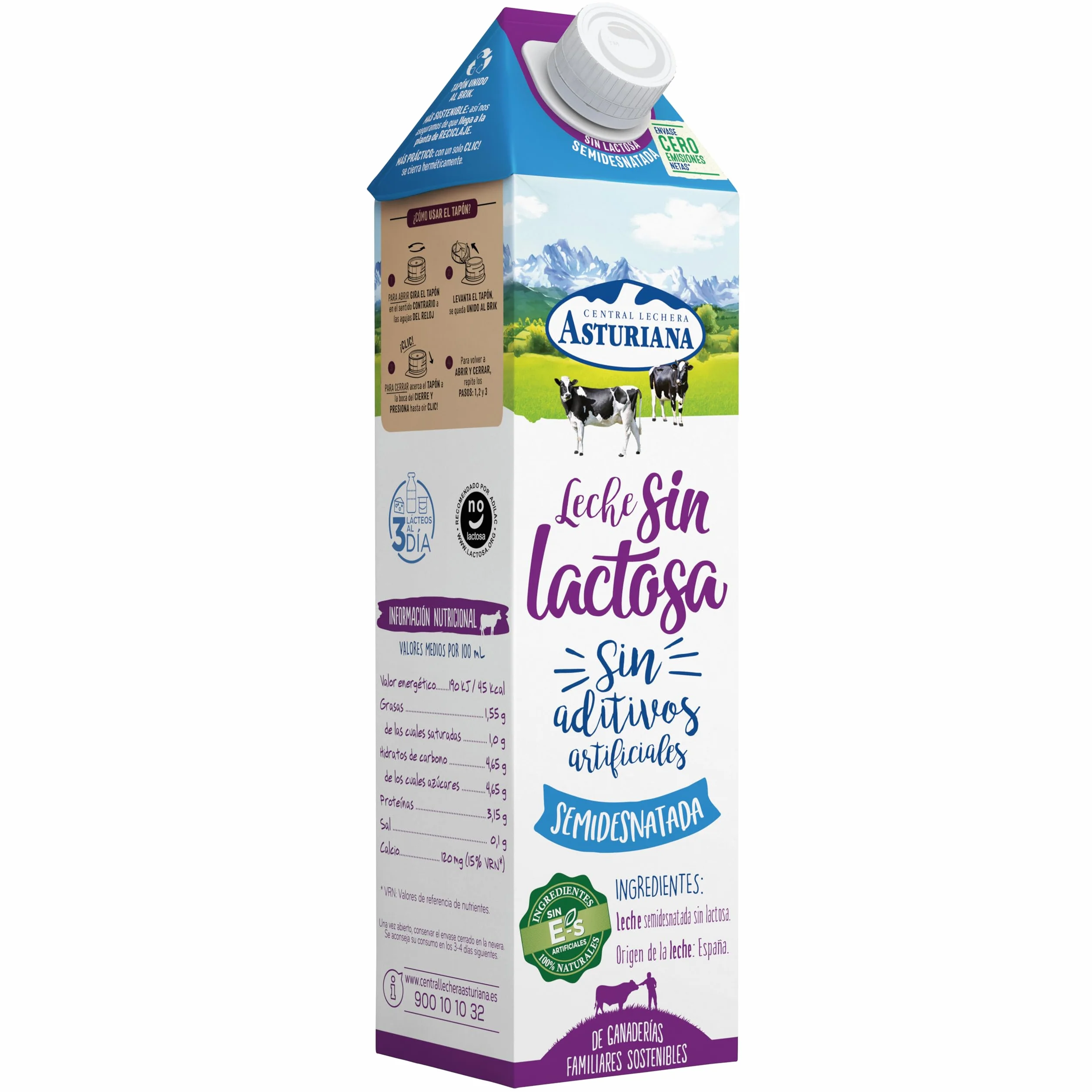 Central Lechera Asturiana Leche Sin Lactosa Semidesnatada Pack 6 x 1L