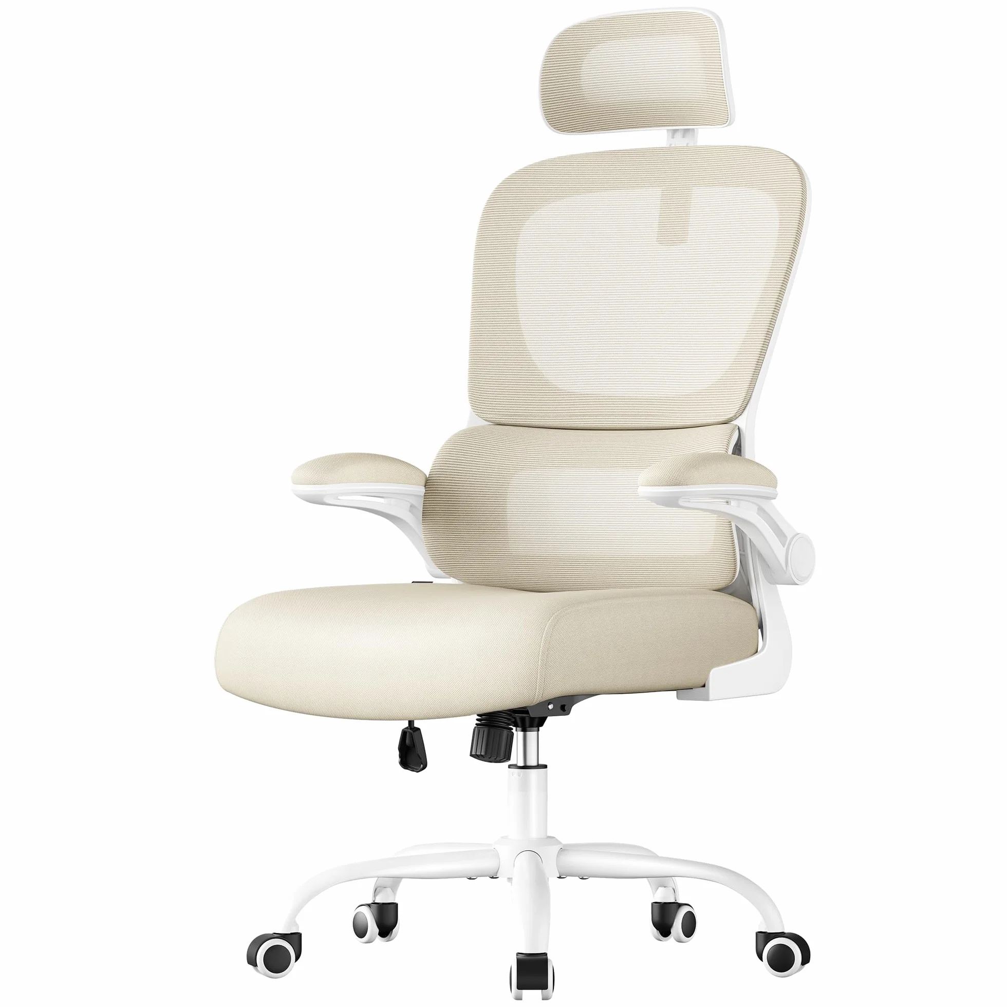 SONGMICS Silla de Oficina Ergonómica, Tela de Malla Transpirable, Soporte Lumbar, Reposacabezas Ajustable, Beige Arena OBN041L01