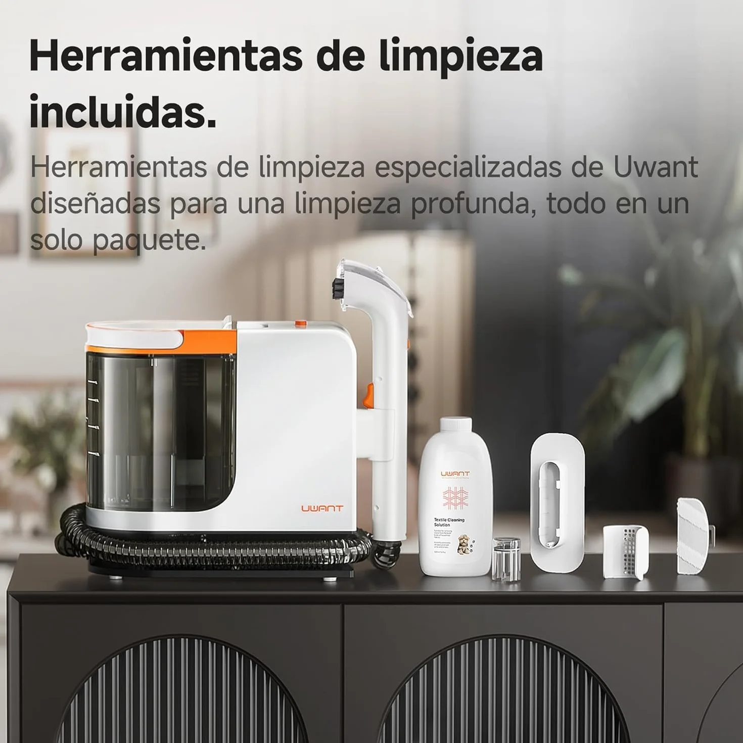 Uwant Limpiador de Tapicerías y Alfombras 18kPa Potente Succión, Máquina Limpiadora Portátil con Autolimpieza, Limpiador de Manchas para Mascotas con Herramientas y Solución, para Sofá, Coche set of 1