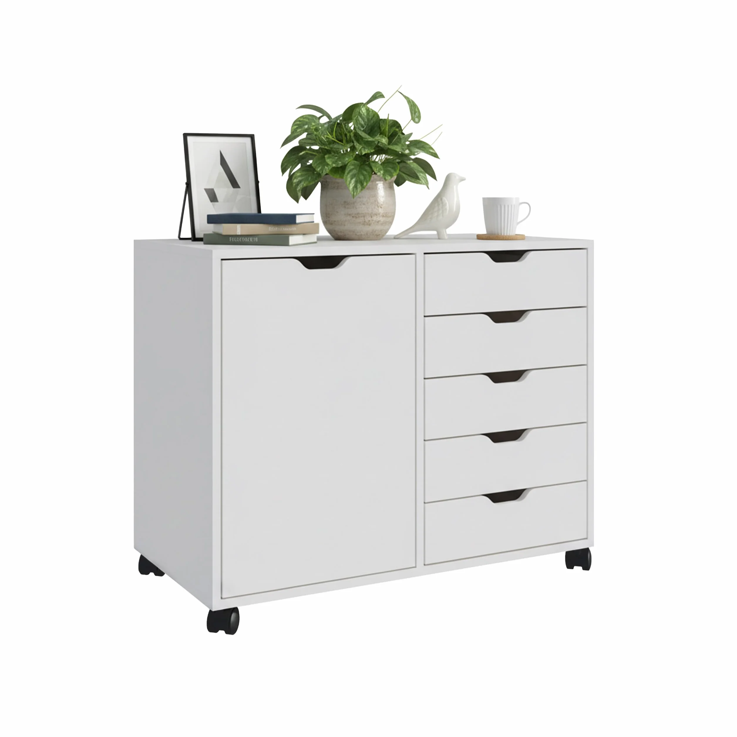 Contenedor con Ruedas Relaxdays, 5 cajones y 2 estantes, HBT: 65 x 78 x 40 cm, archivador móvil, Oficina, Blanco