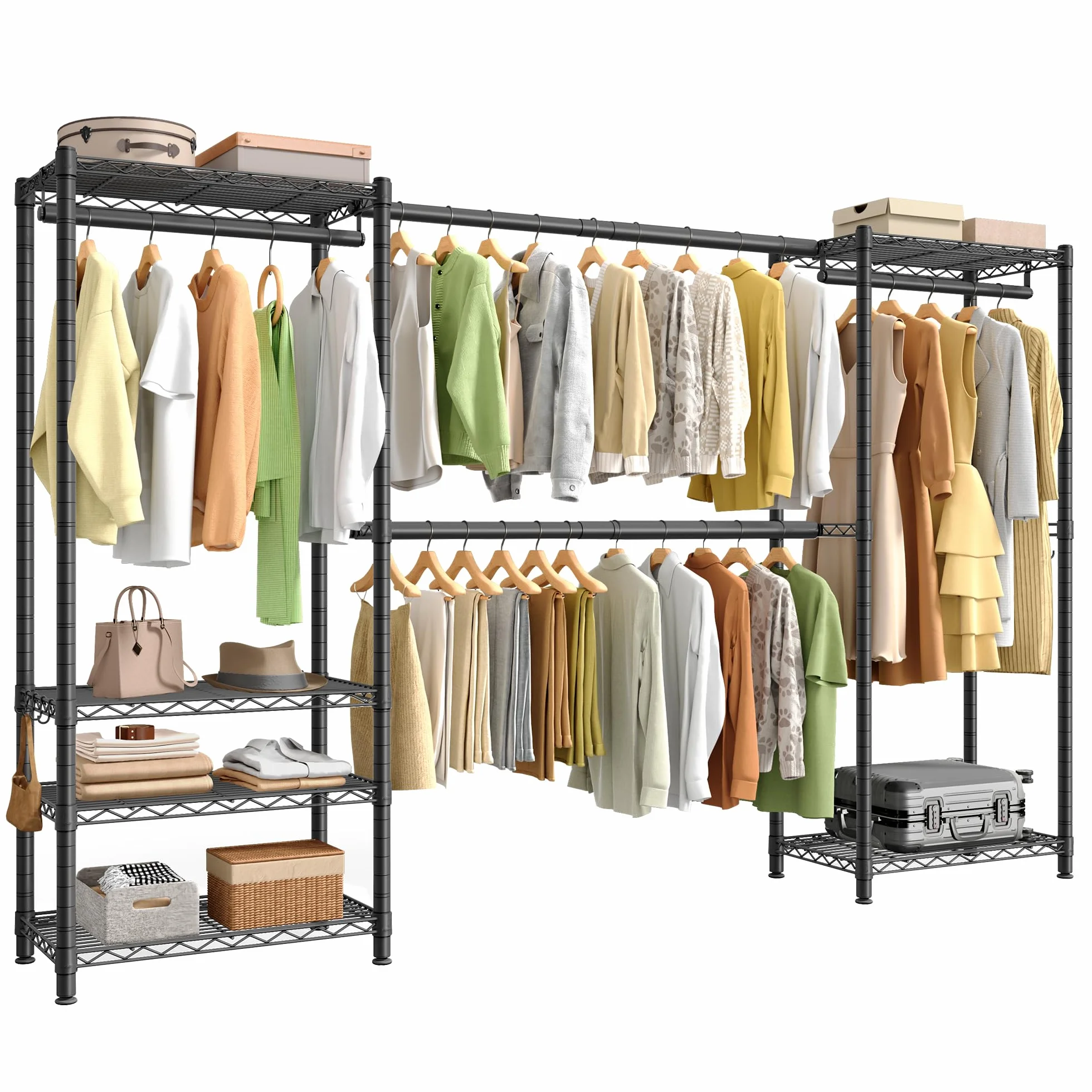 SONGMICS Burro para Ropa, Armario Portátil con Baldas de Rejilla Ajusables y Barras de Colgar Extensibles, Ganchos, 40 x (177-220) x 193 cm, Negro Tinta LGR438BH01