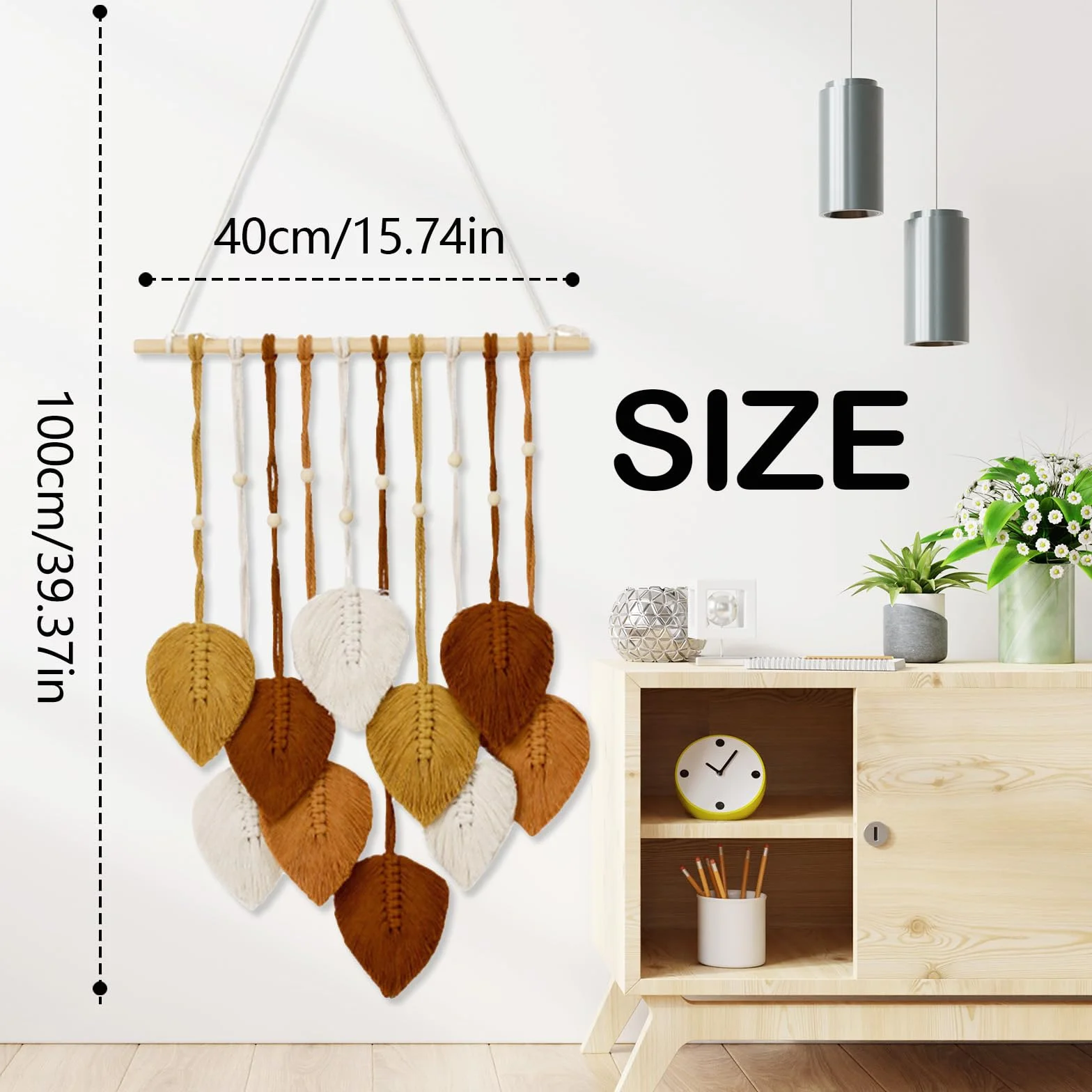 Tapiz Bohemio Hecho A Mano Decoración De Pared 2PCS Colgante Tejido Con Plumas Hojas Y Cuentas De Madera