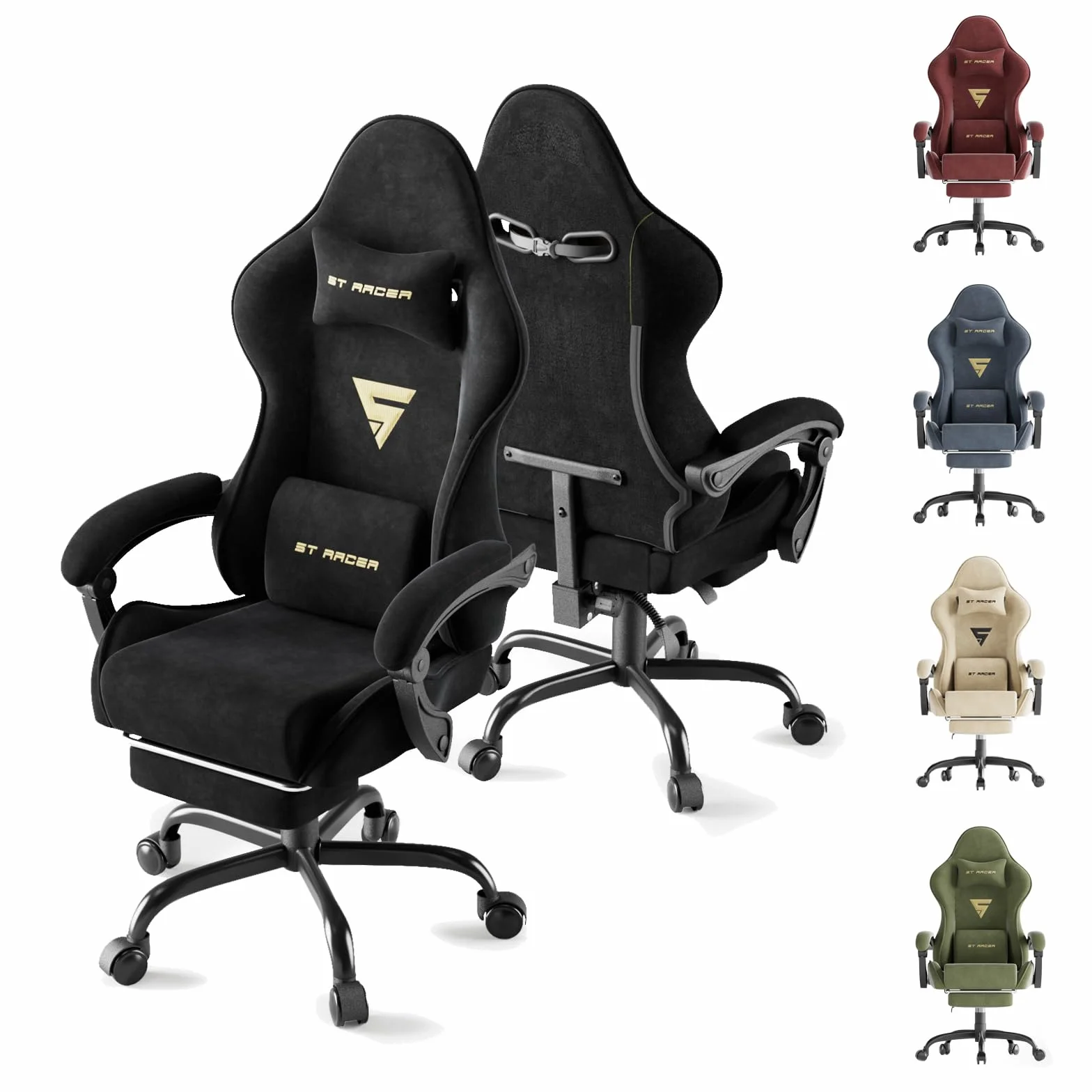 Ferghana Silla Gaming Silla Gaming con Masajeador, Silla Ergonómica de Terciopelo para Juegos, Silla Gamer con Lumbar, Reposapiés, Silla de Oficina, Capacidad de Peso de 250 Libras, Negro