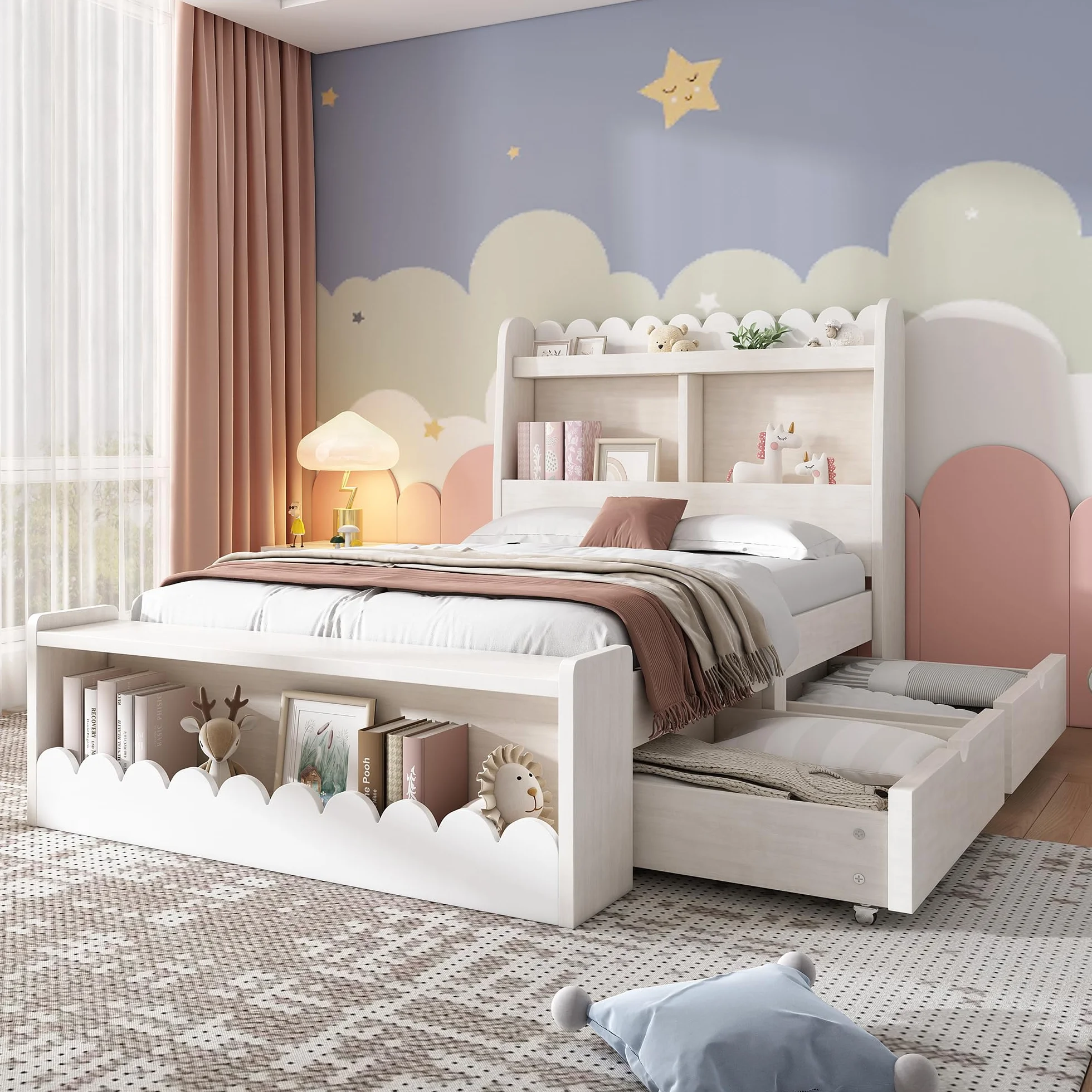 Cama individual de 90 x 190 cm, con cajones, estantería y banco con almacenamiento, cama de madera, marco de cama y somier de madera, color blanco con color roble (sin colchón)
