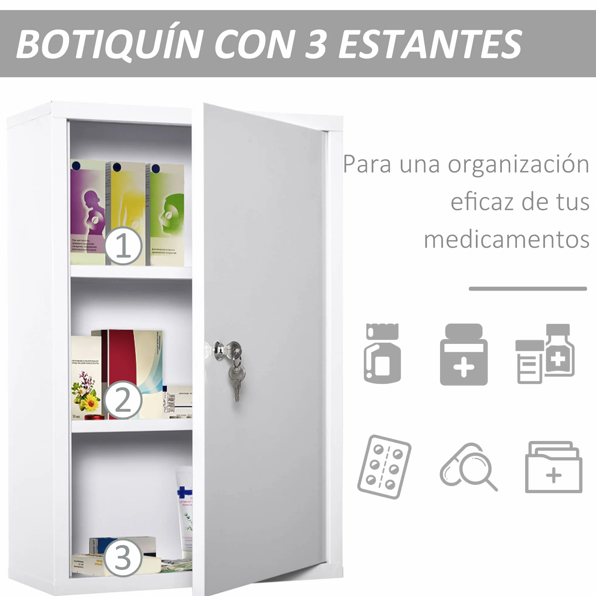 Kleankin Armario Botiquín de Pared de Metal 3 Estantes 40x18x60 cm Blanco