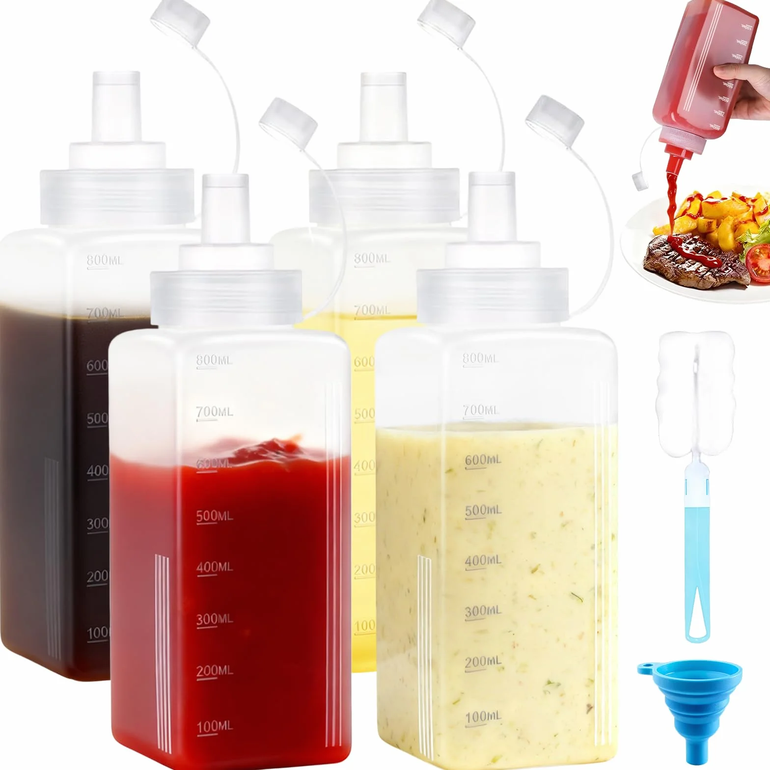 4 Piezas Biberon Cocina 800ml, biberones cocina 27oz, Transparente Botellas de Cocinas con Tapa, Plástico Botella Salsa con Cepillo y Embudo para Salsas Ketchup Oliva Mostaza Líquida