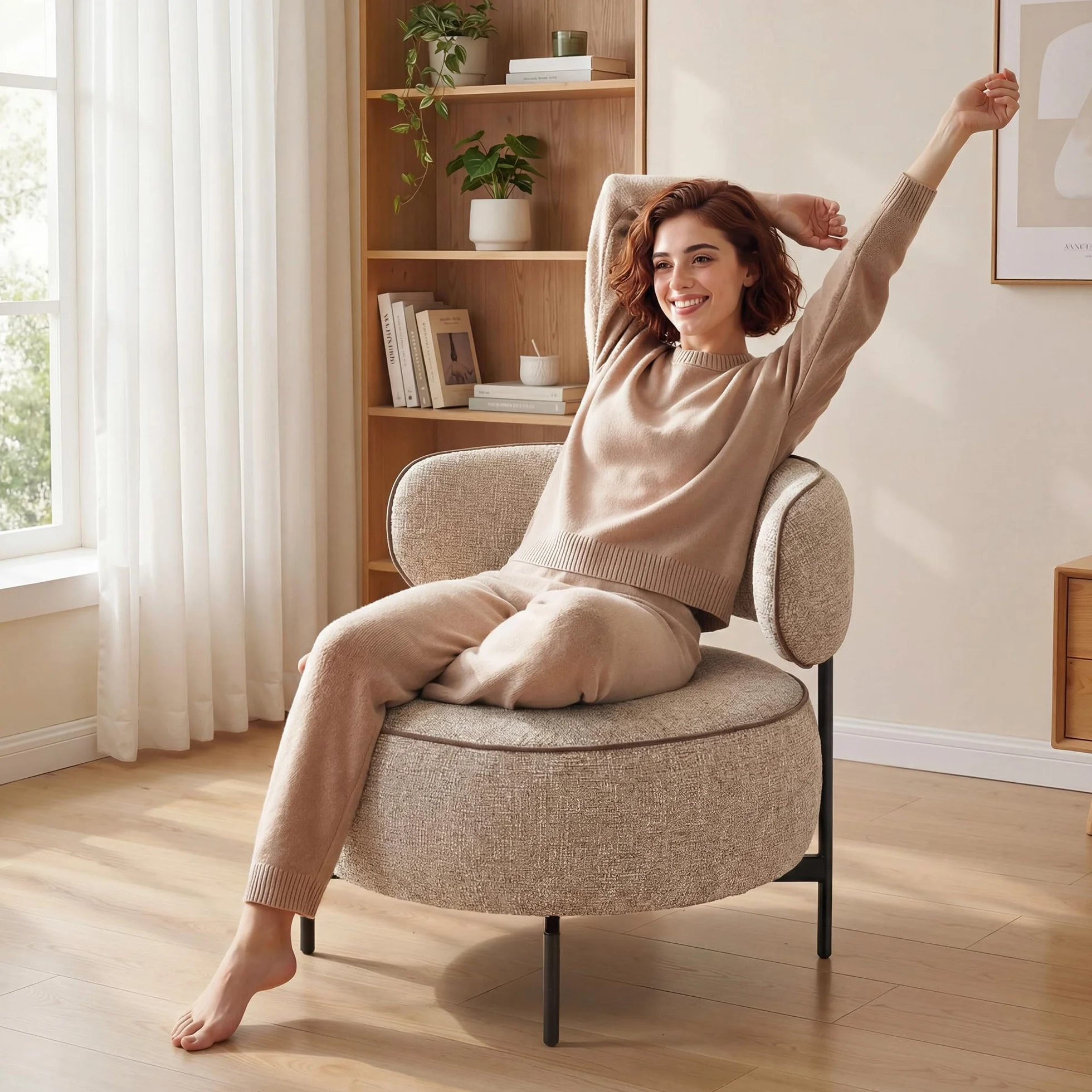 HOMCOM Butaca de Salón con Asiento Giratorio, Sillón de Salón, Tapizado en Lino, con Asiento Amplio, Acolchado Grueso, Patas de Metal para Dormitorio, Lectura, Beige